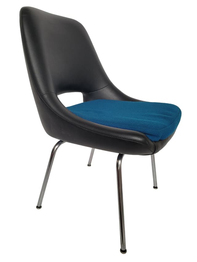 Chair Kilta, black faux leather, blue fabric, chrome, by O. Mannermaa, Finland, 1960s. - DIMENSION
