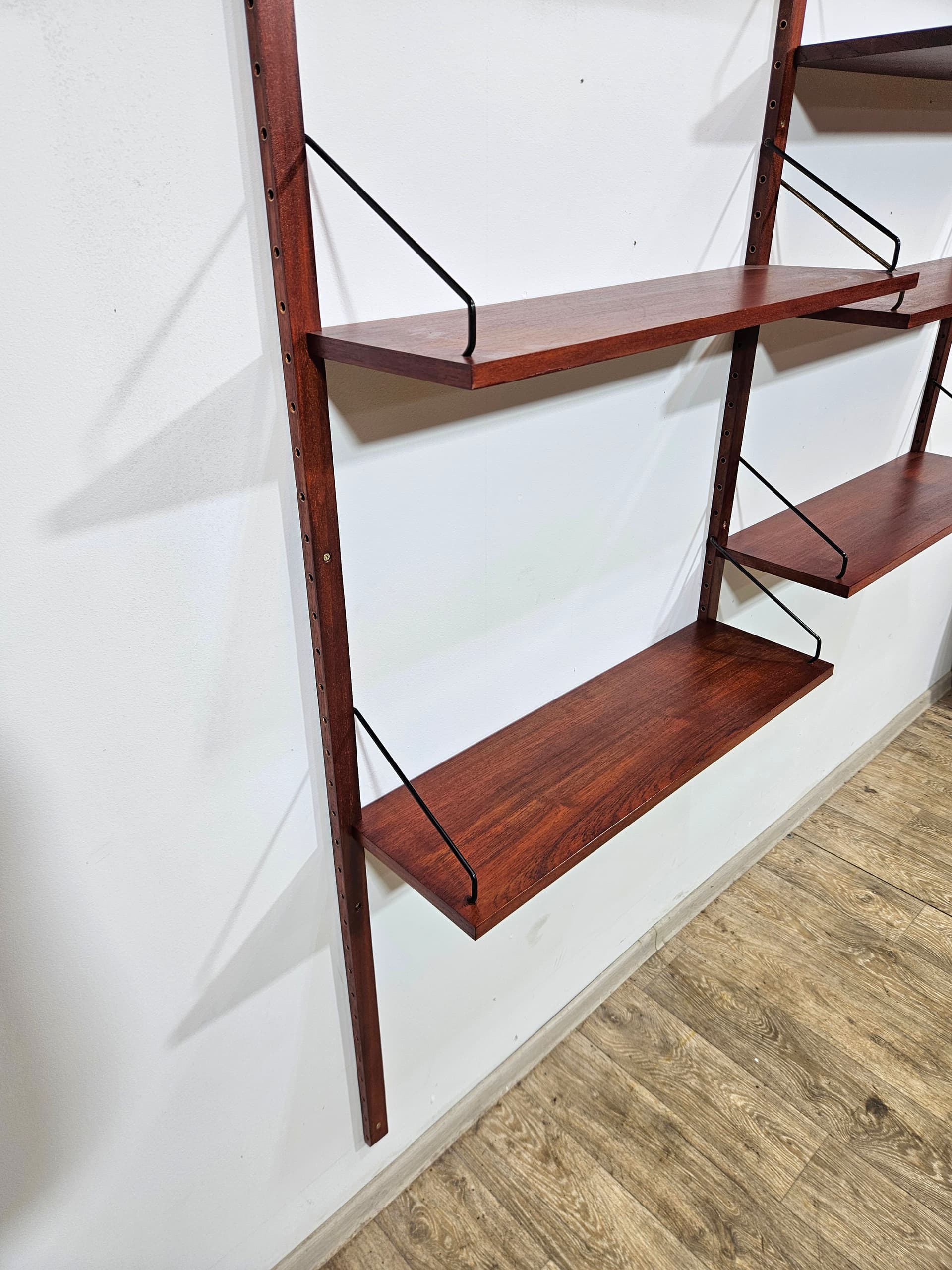 Cado Royal modular wall shelving system, teak brown, dark metal, by P. Cadovius - 344138