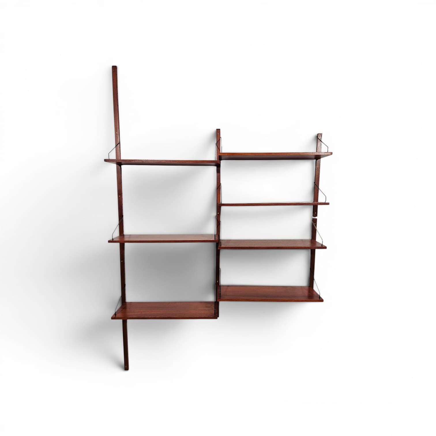 Cado Royal modular wall shelving system, teak brown, dark metal, by P. Cadovius