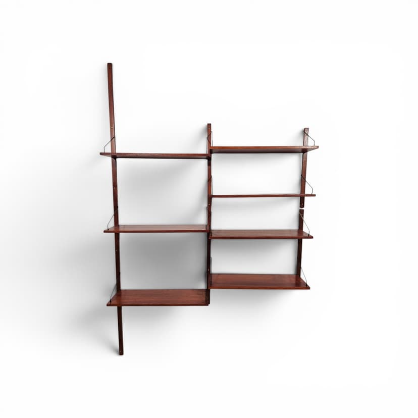Cado Royal modular wall shelving system, teak brown, dark metal, by P. Cadovius