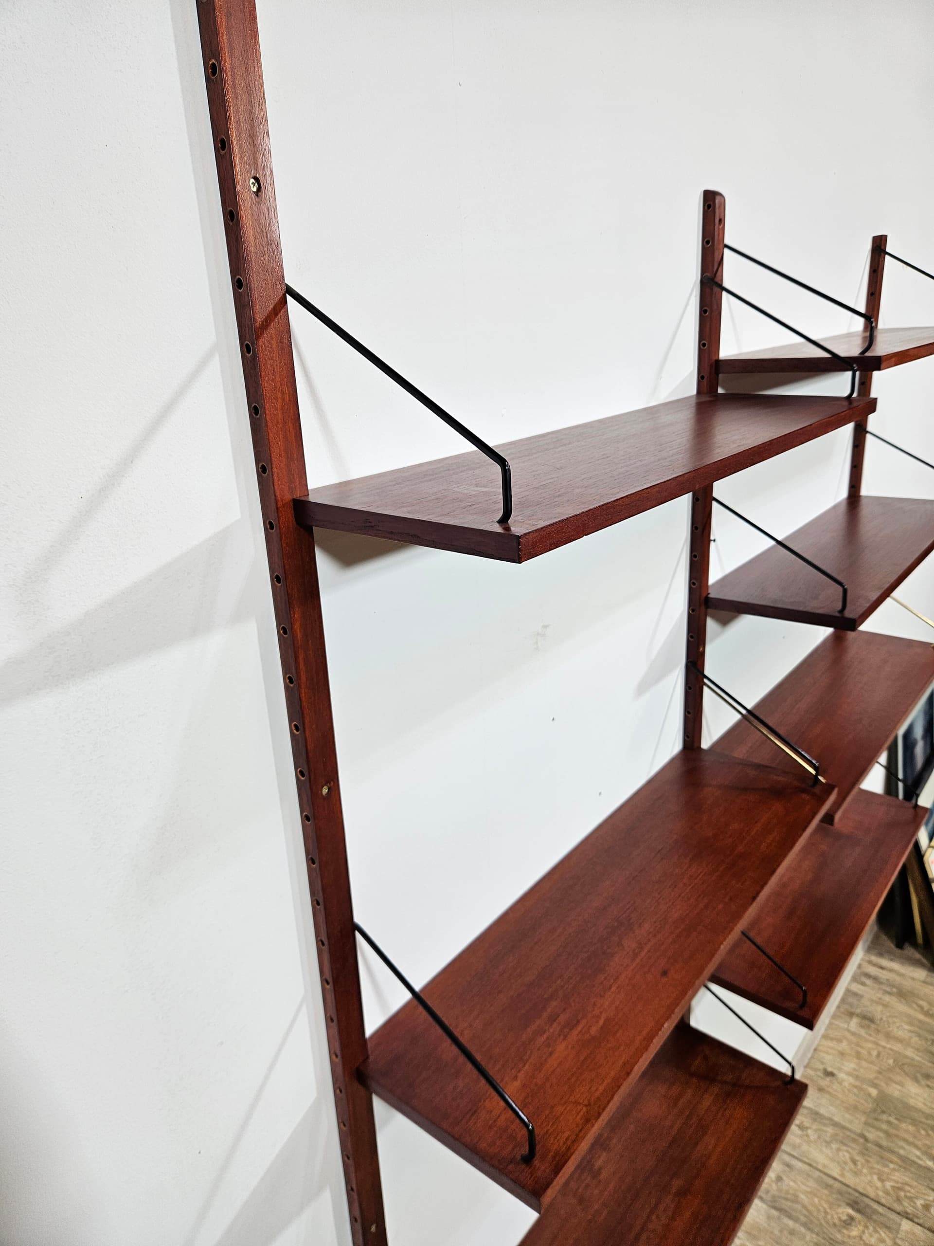 Cado Royal modular wall shelving system, teak brown, dark metal, by P. Cadovius - 344148