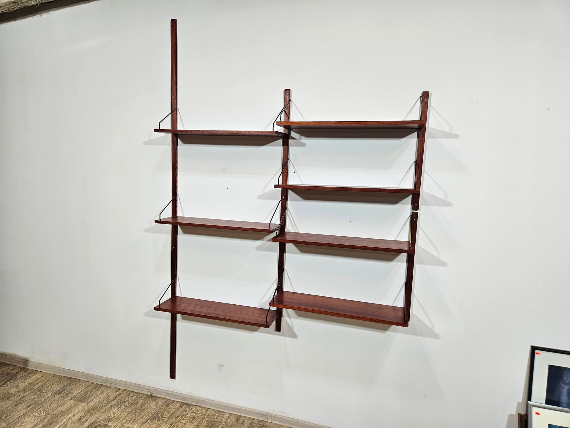 Cado Royal modular wall shelving system, teak brown, dark metal, by P. Cadovius - 344147