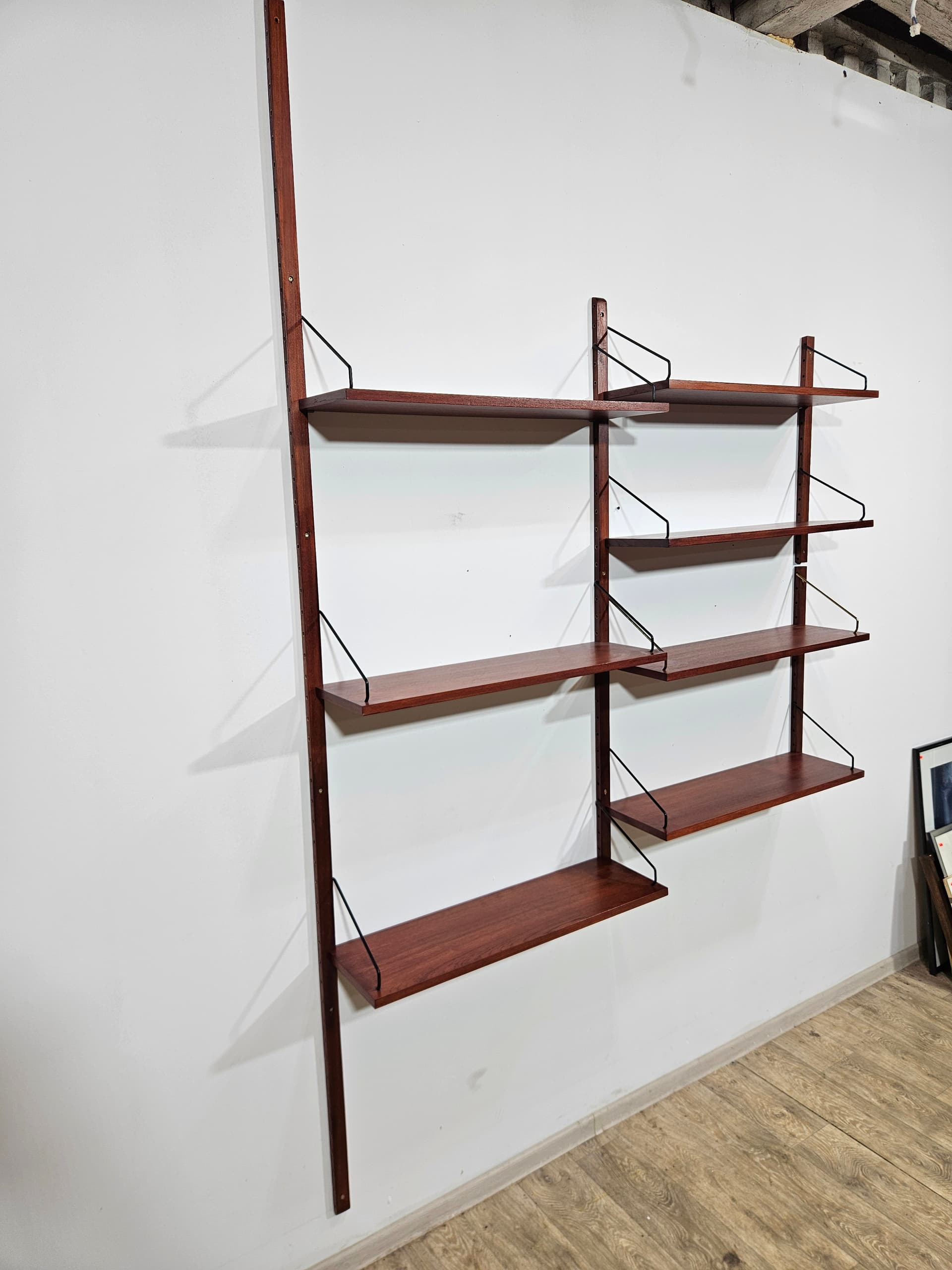 Cado Royal modular wall shelving system, teak brown, dark metal, by P. Cadovius - 344137