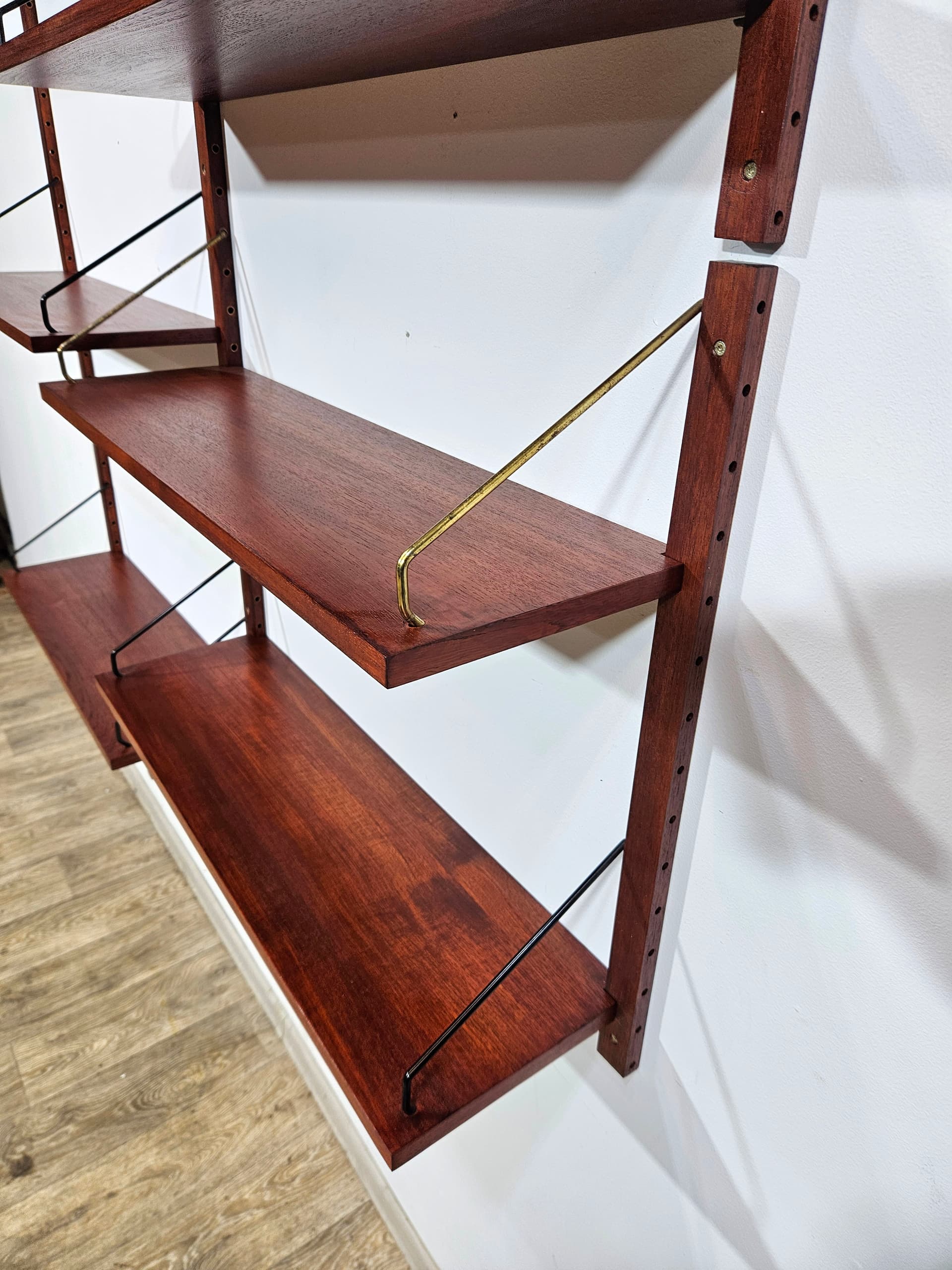 Cado Royal modular wall shelving system, teak brown, dark metal, by P. Cadovius - 344149