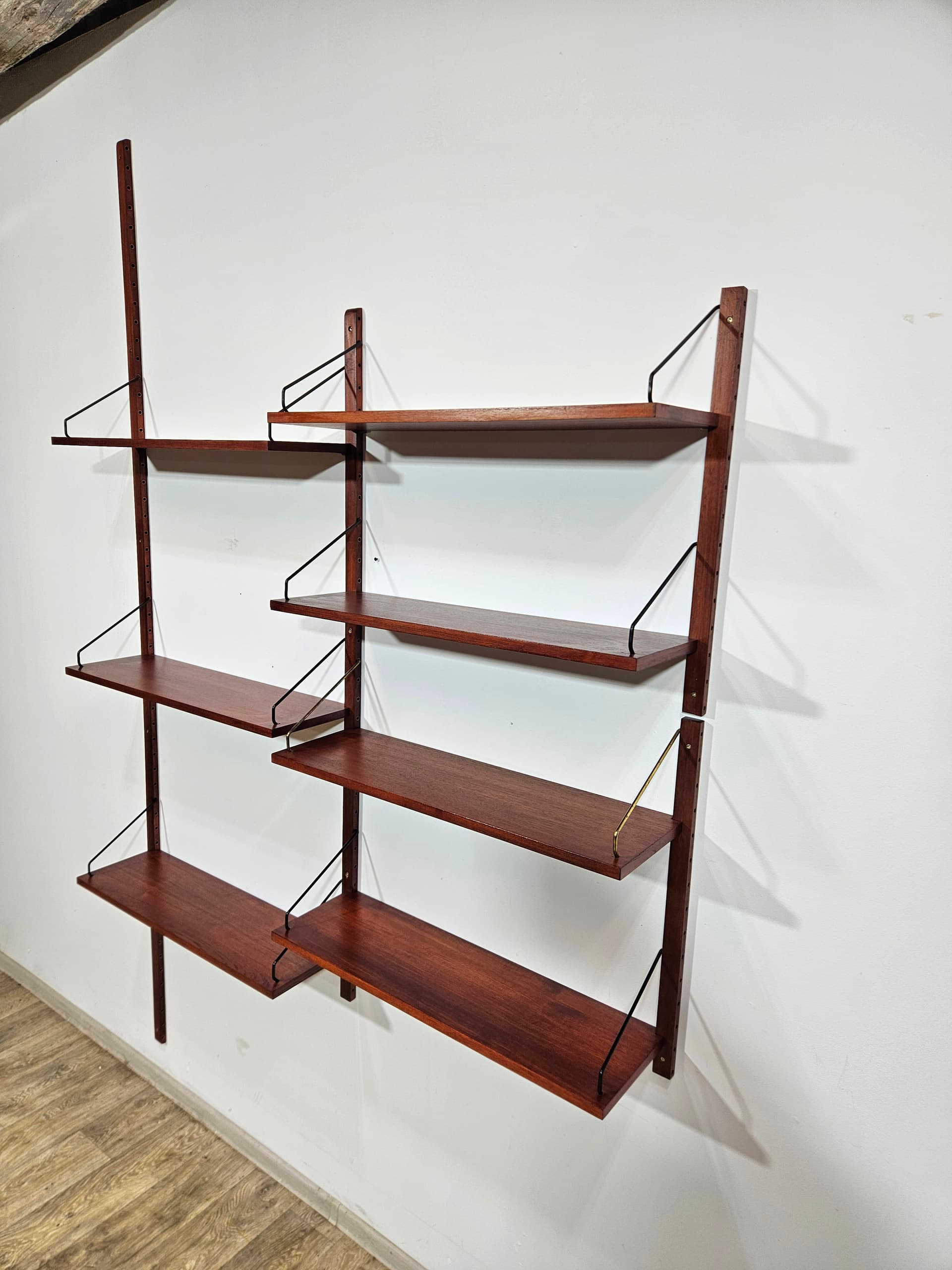 Cado Royal modular wall shelving system, teak brown, dark metal, by P. Cadovius - 344142
