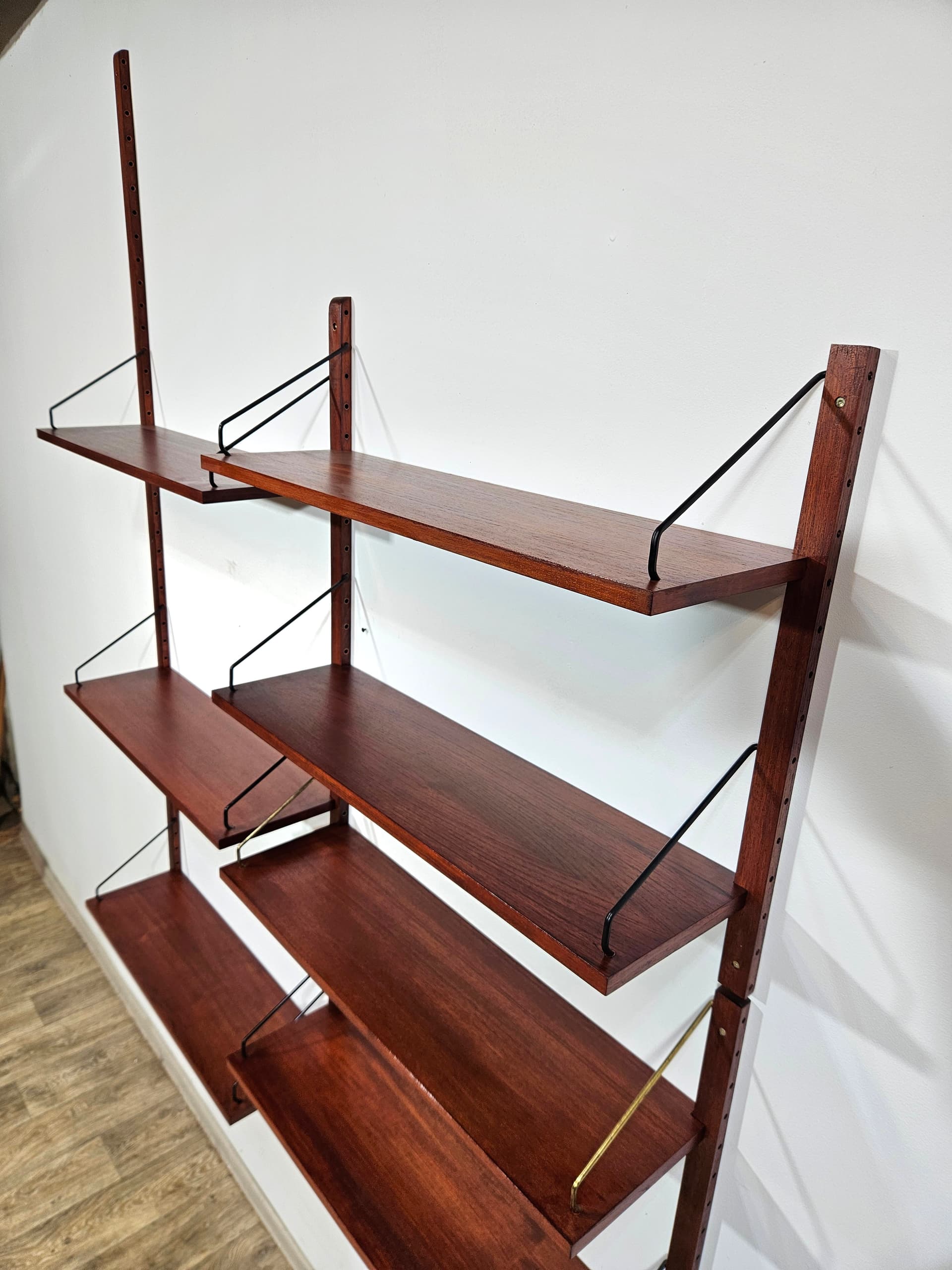 Cado Royal modular wall shelving system, teak brown, dark metal, by P. Cadovius - 344144