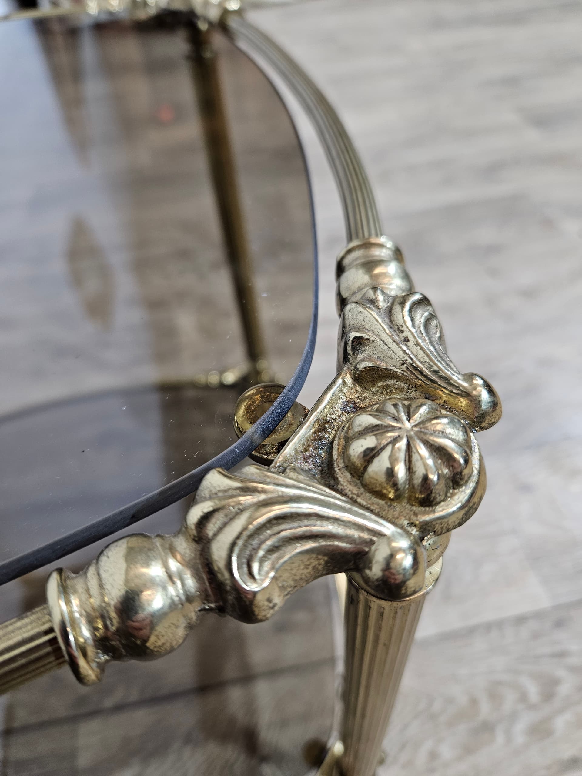 Side table, vintage, brass gold, glass transparent grey, France, 1950s - 344236