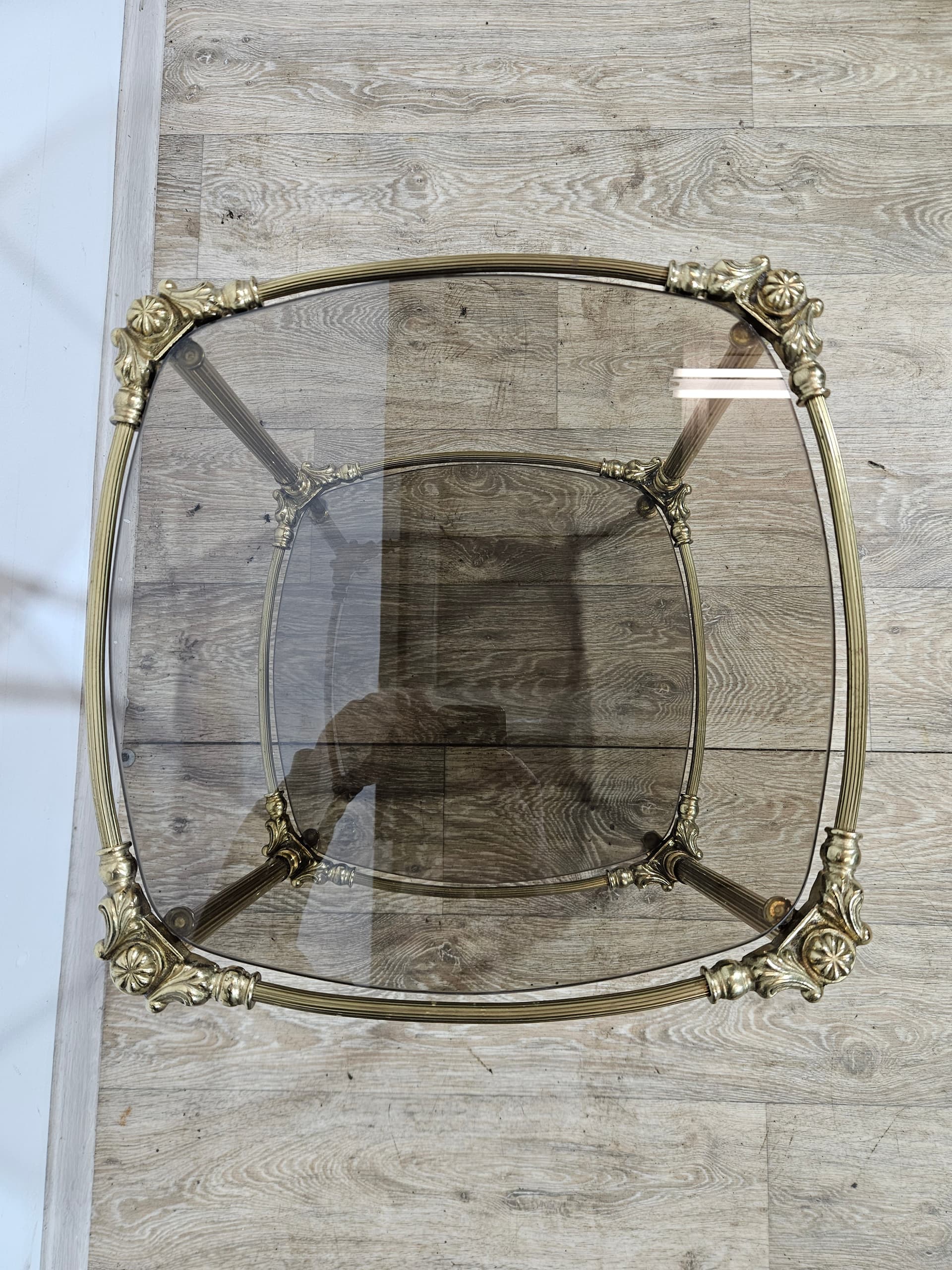 Side table, vintage, brass gold, glass transparent grey, France, 1950s - 344231