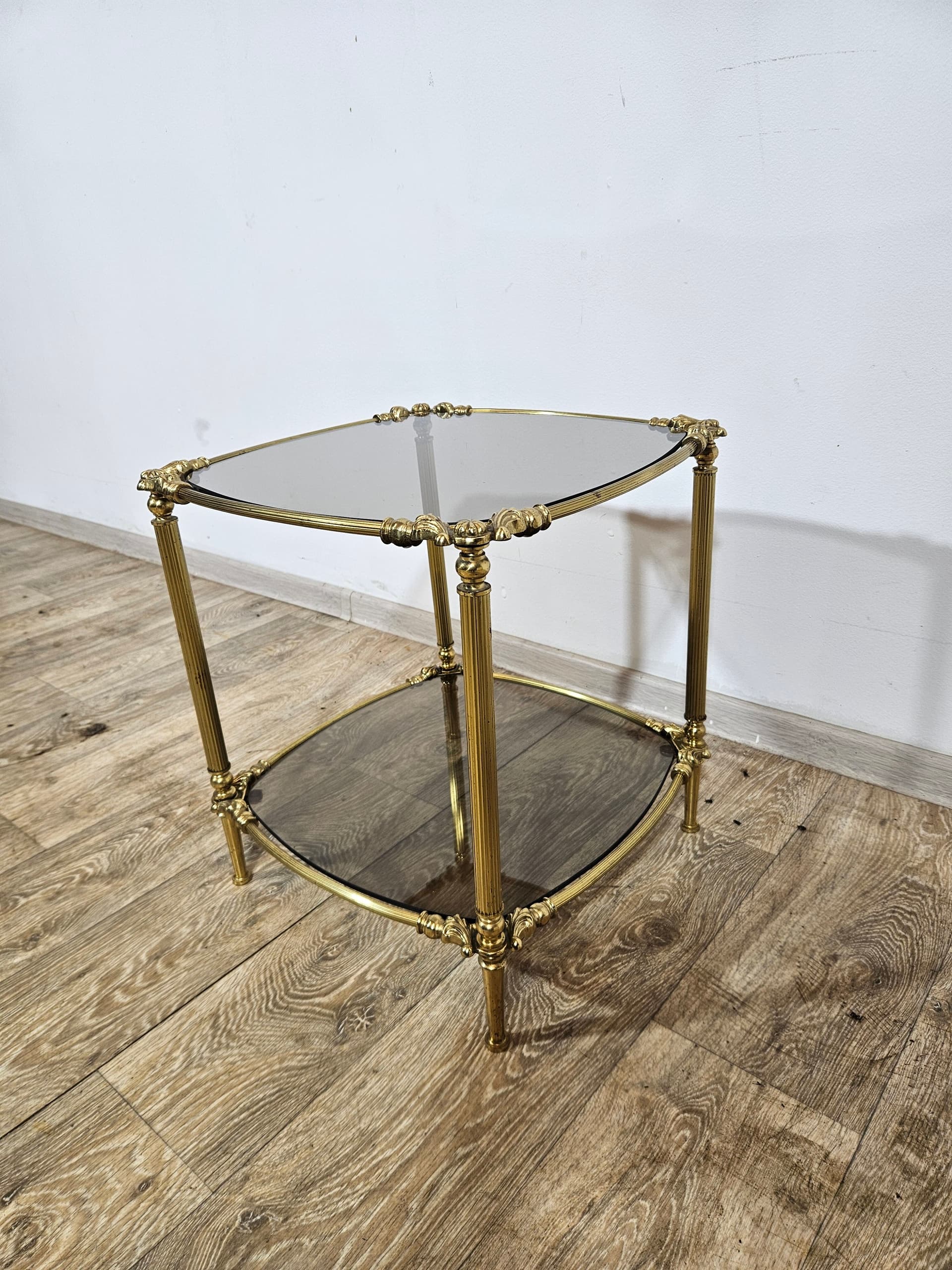 Side table, vintage, brass gold, glass transparent grey, France, 1950s - 344235