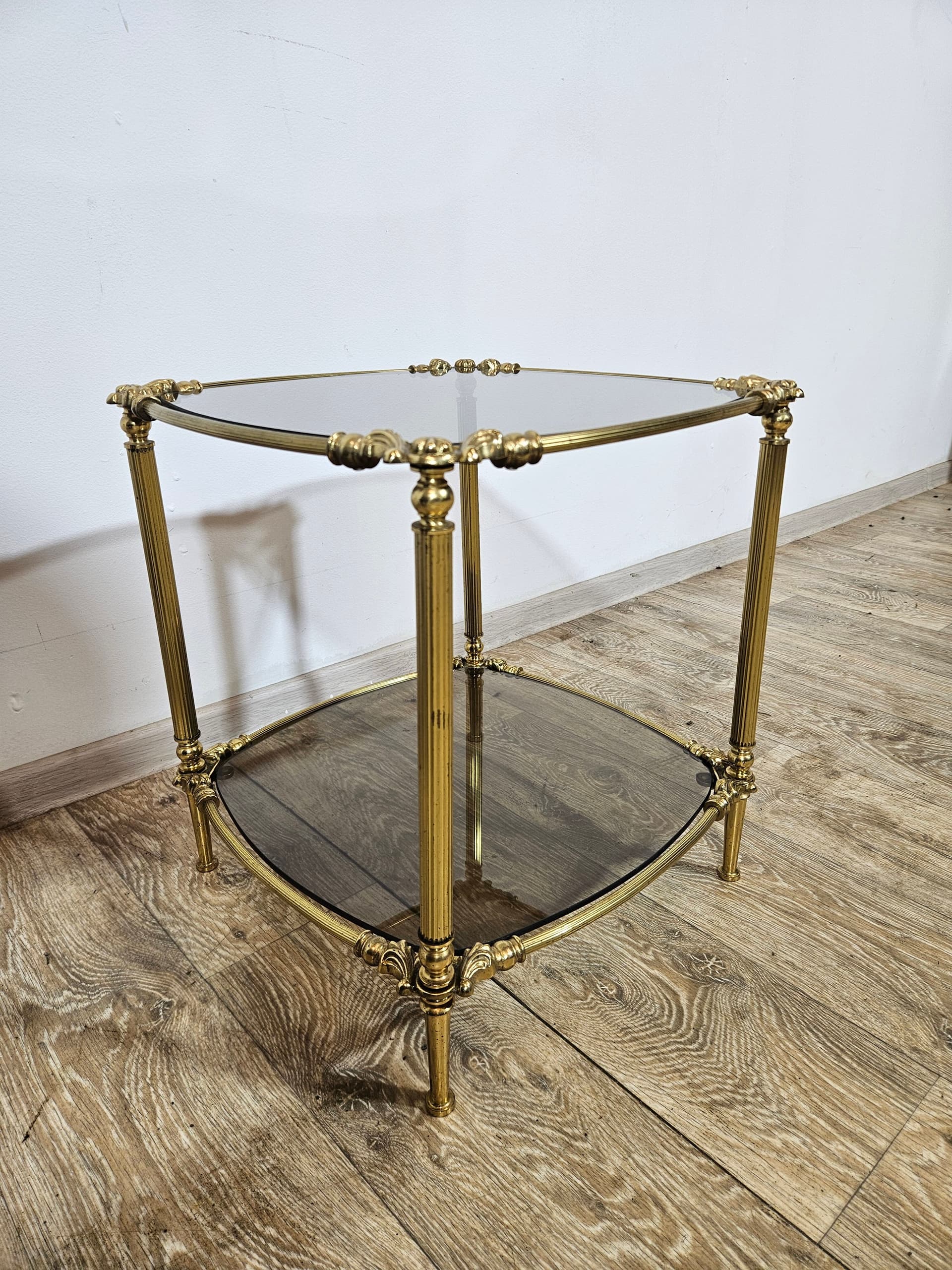 Side table, vintage, brass gold, glass transparent grey, France, 1950s - 344238