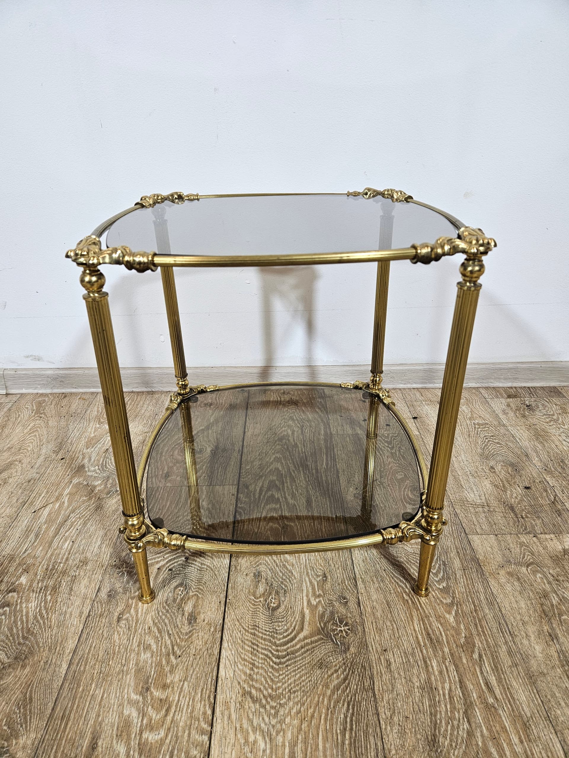 Side table, vintage, brass gold, glass transparent grey, France, 1950s - 344234