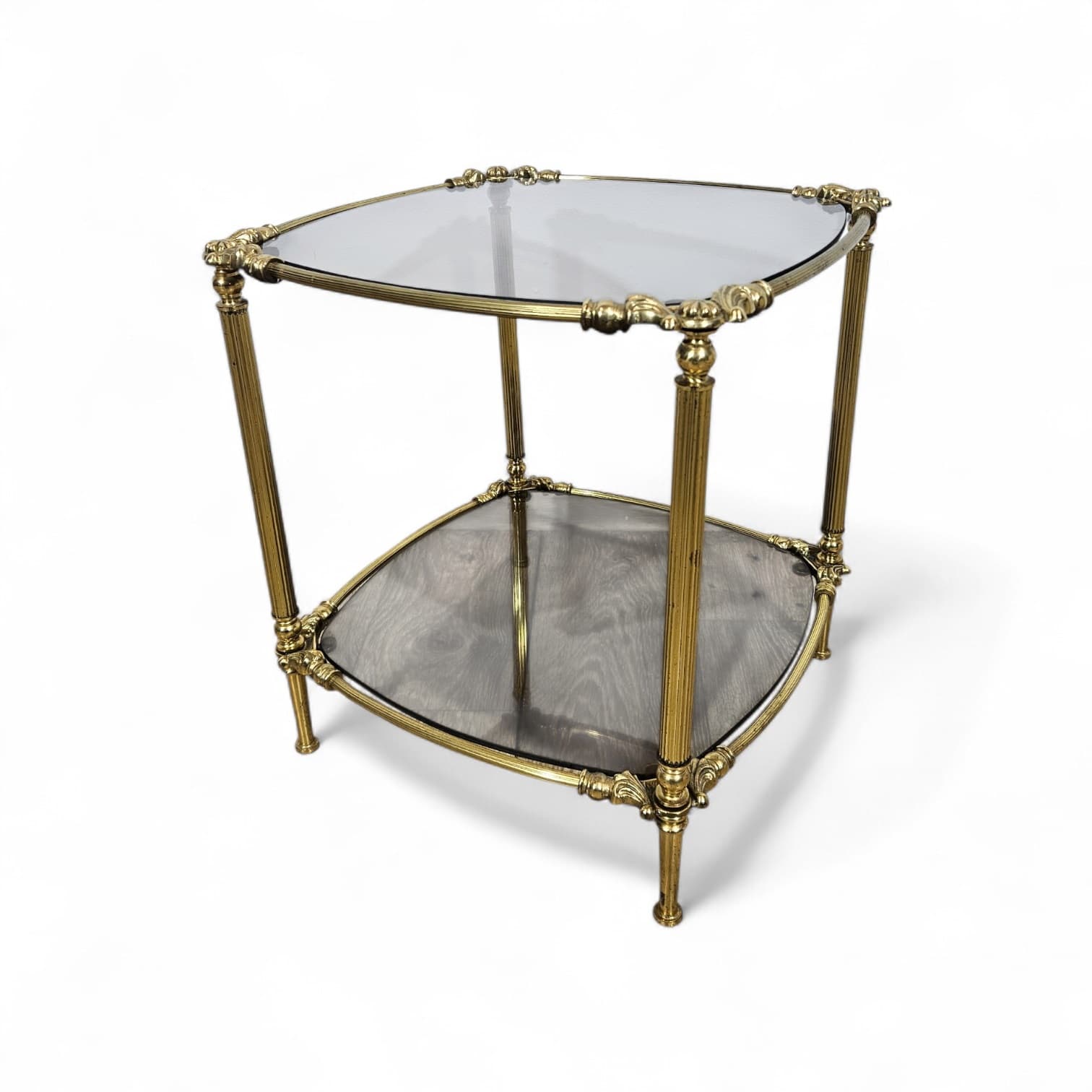 Side table, vintage, brass gold, glass transparent grey, France, 1950s