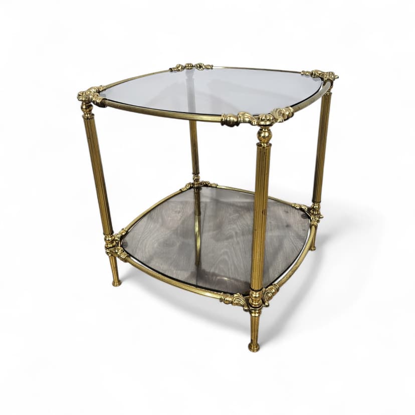 Side table, vintage, brass gold, glass transparent grey, France, 1950s