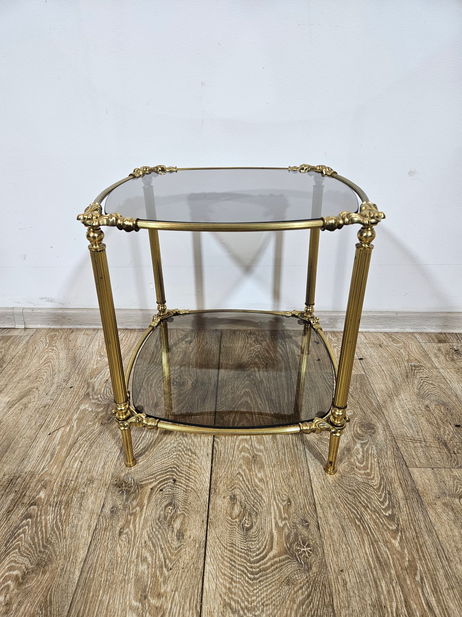 Side table, vintage, brass gold, glass transparent grey, France, 1950s - 344237