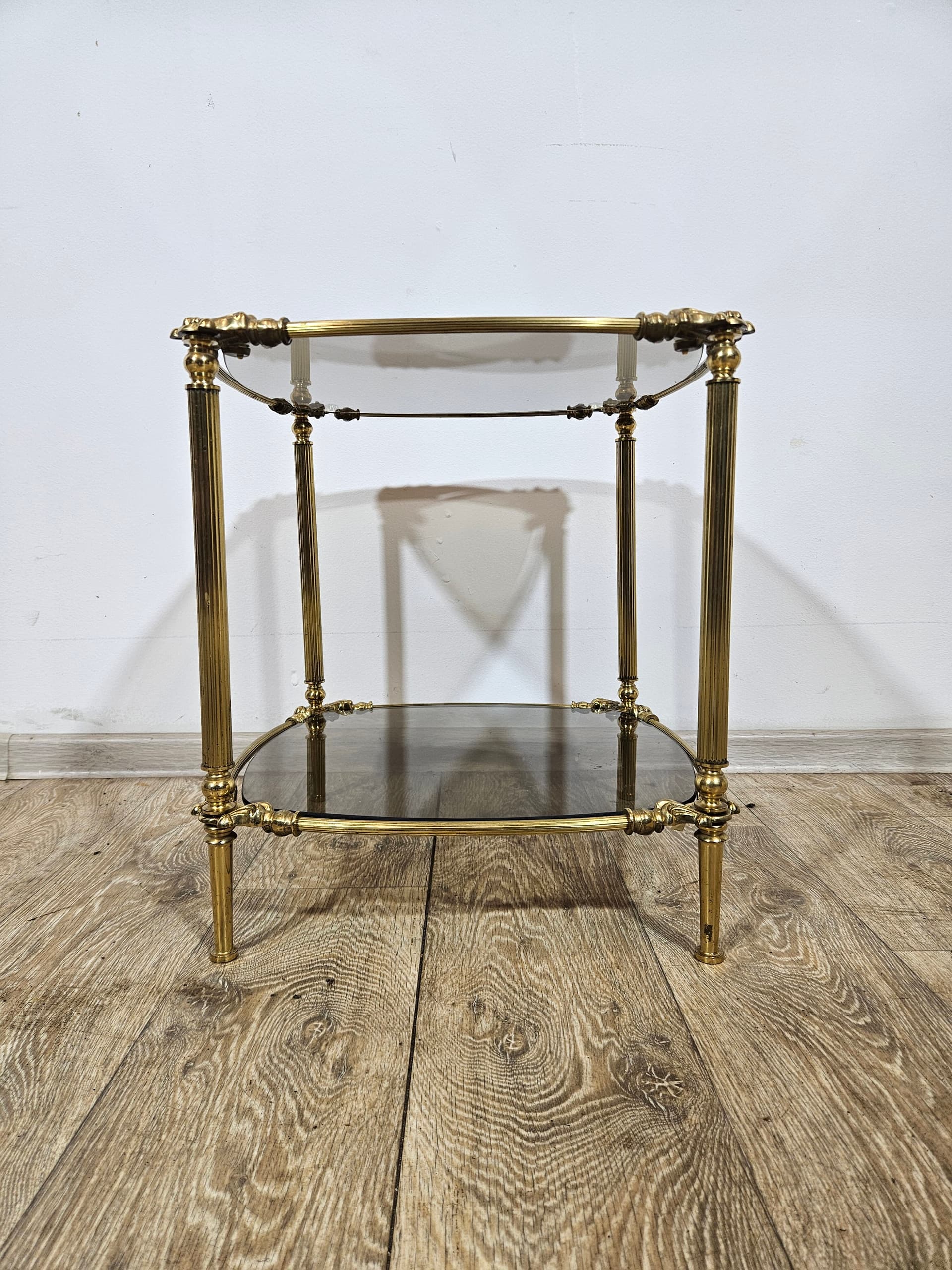 Side table, vintage, brass gold, glass transparent grey, France, 1950s - 344233