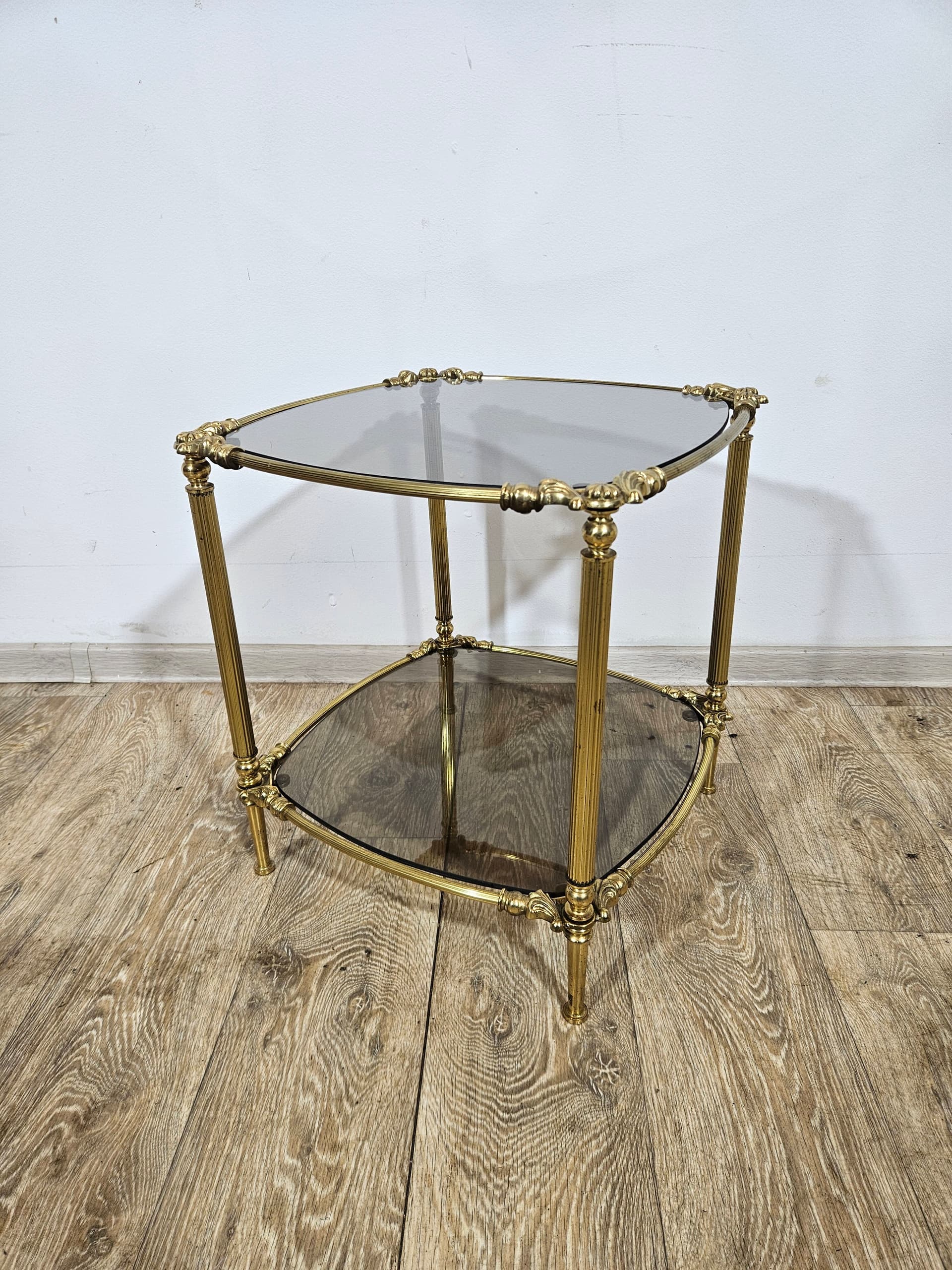 Side table, vintage, brass gold, glass transparent grey, France, 1950s - 344229