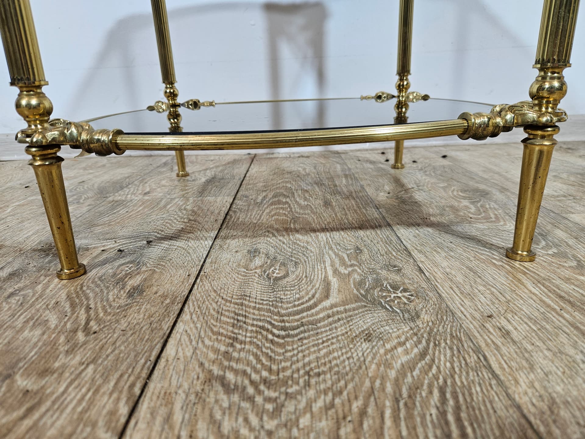 Side table, vintage, brass gold, glass transparent grey, France, 1950s - 344230