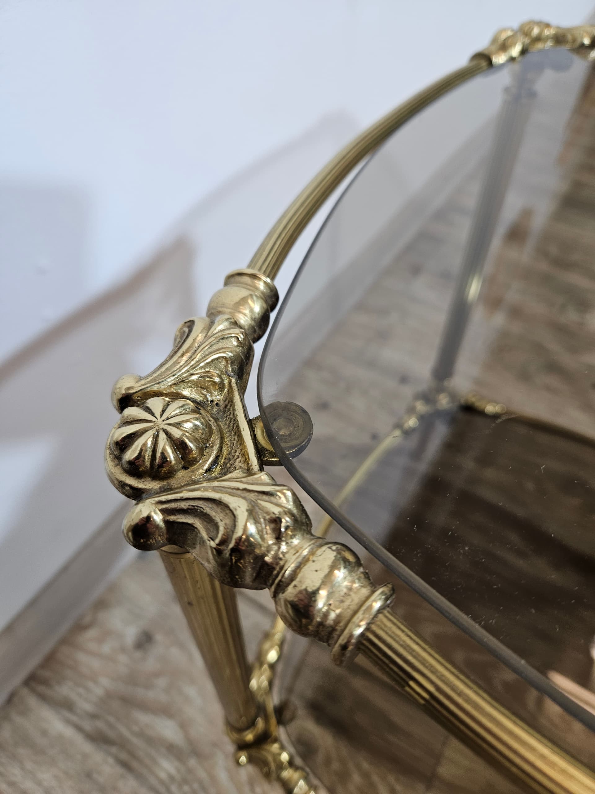 Side table, vintage, brass gold, glass transparent grey, France, 1950s - 344228