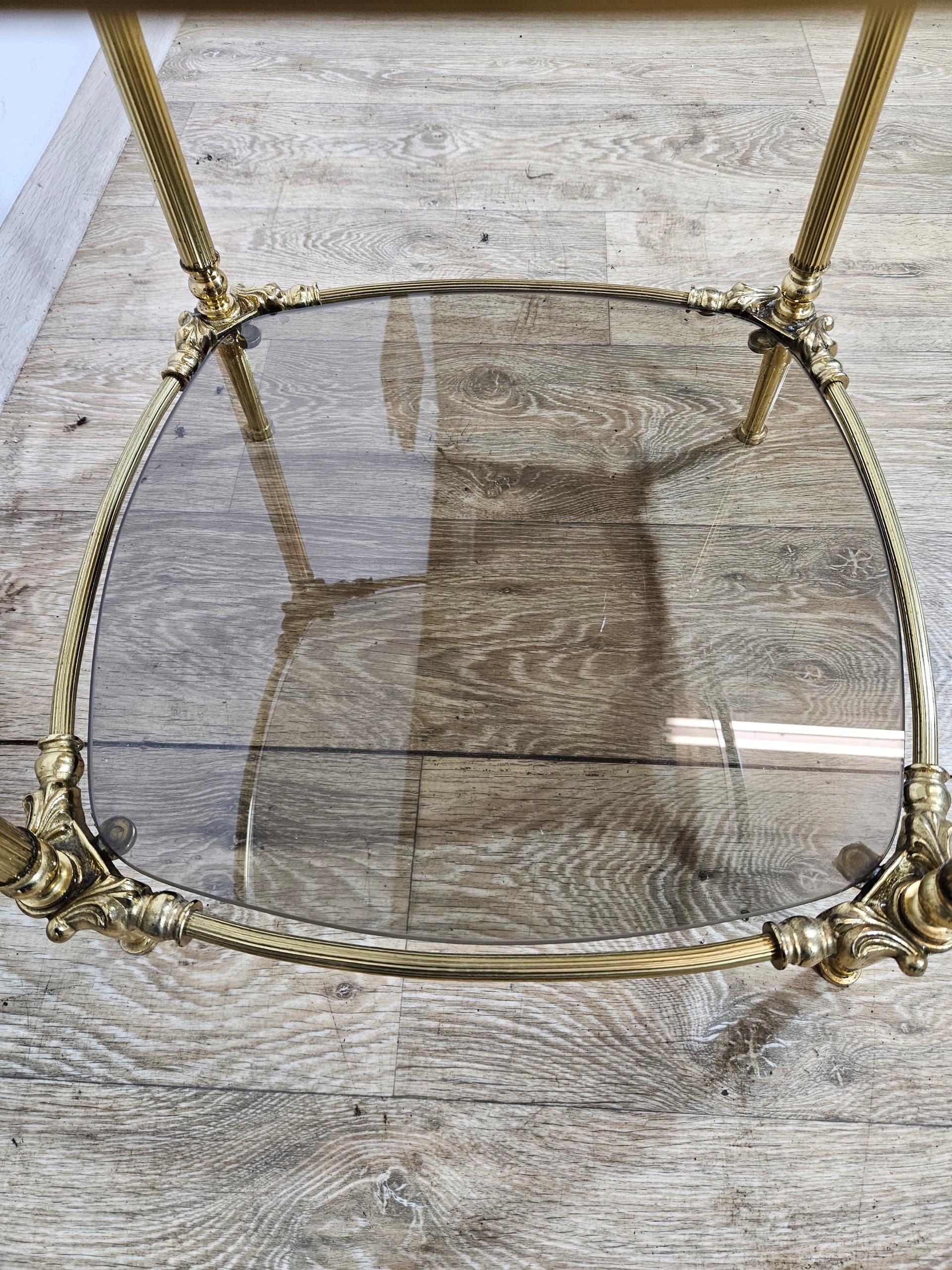 Side table, vintage, brass gold, glass transparent grey, France, 1950s - 344232