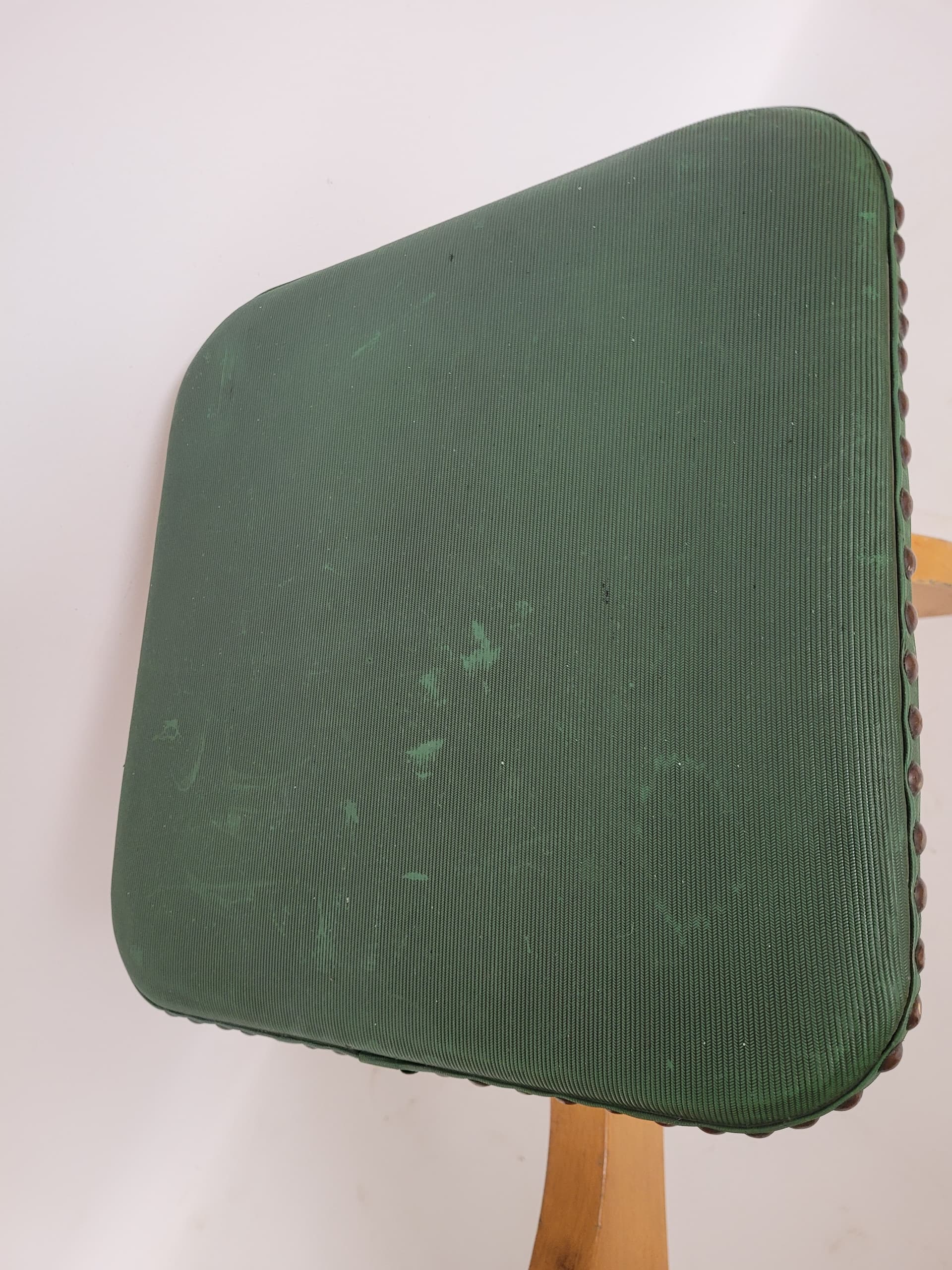Shoe Fitting Stool, green, brown wood, green fabric, Germany, 1960s. - 344769