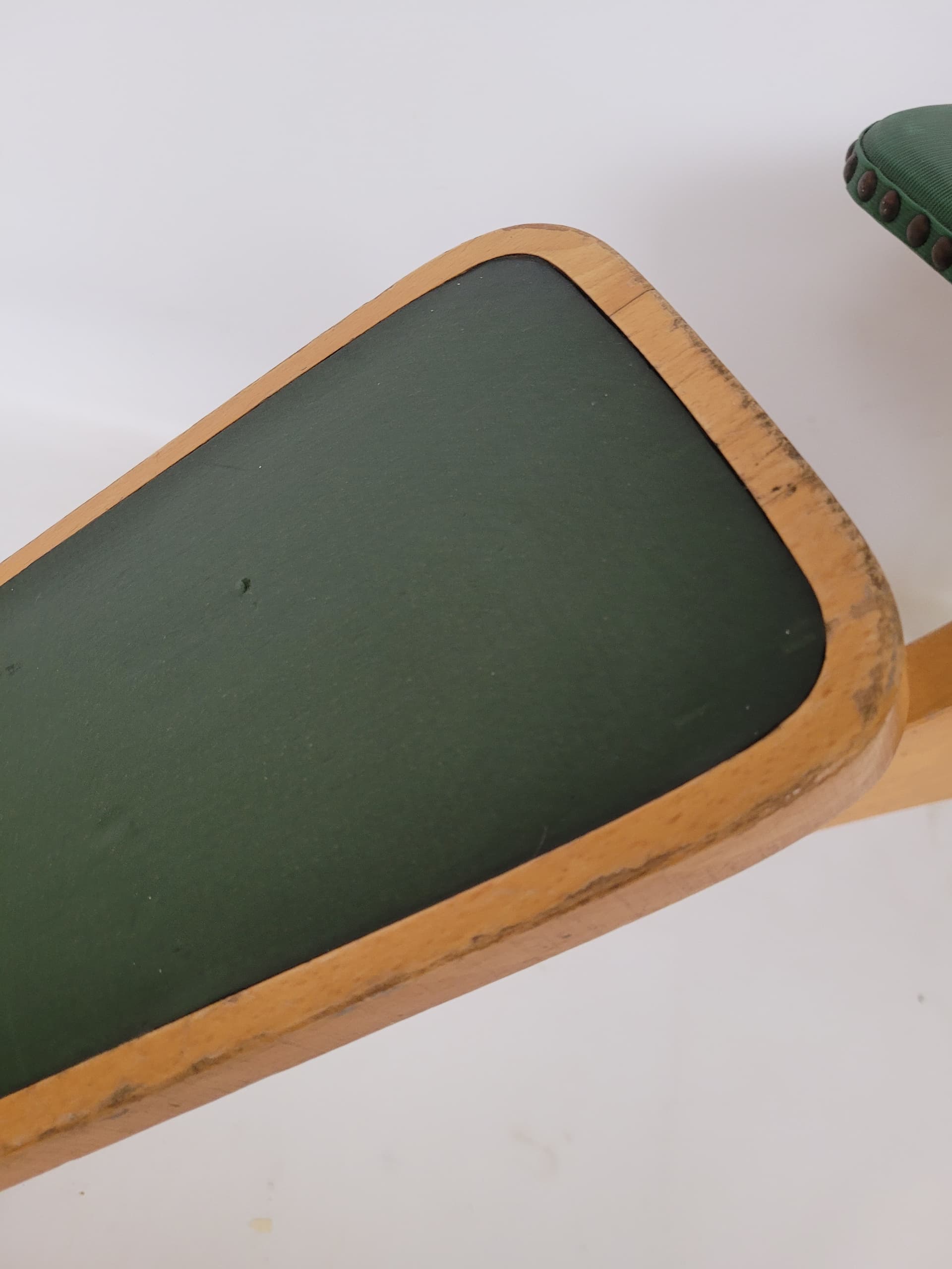 Shoe Fitting Stool, green, brown wood, green fabric, Germany, 1960s. - 344768