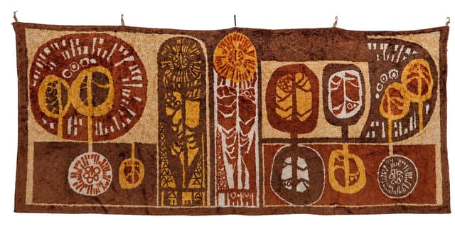 Gobelin ścienny, Mid Century, 74x175 cm, wełna brąz żółty beż, Kőszeg Szőnyeggyár, Węgry, lata 70. - WYMIARY