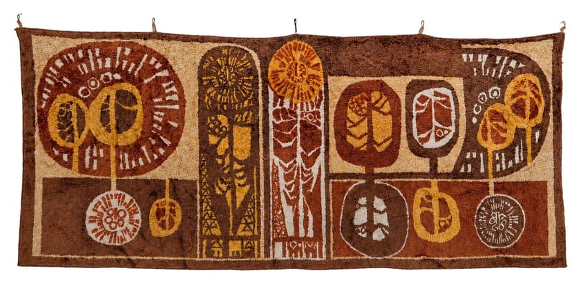 Wall tapestry, Mid Century, 74x175 cm, brown yellow beige wool, Kőszeg Szőnyeggyár, Hungary, 1970s.