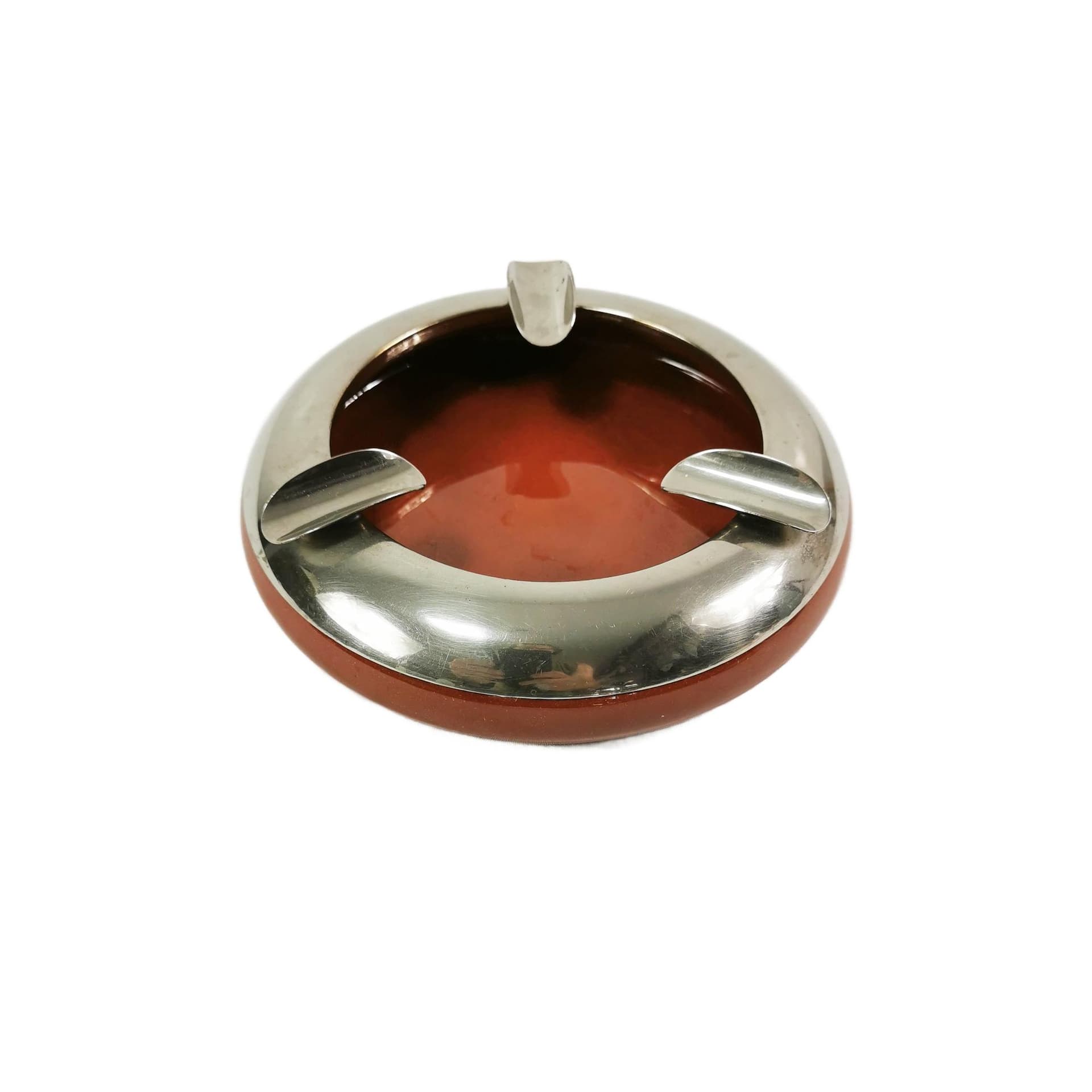 Ashtray, red ceramic, silver metal, by M. Lauger, Tonwerke Kandern, Germany, early 20th c.