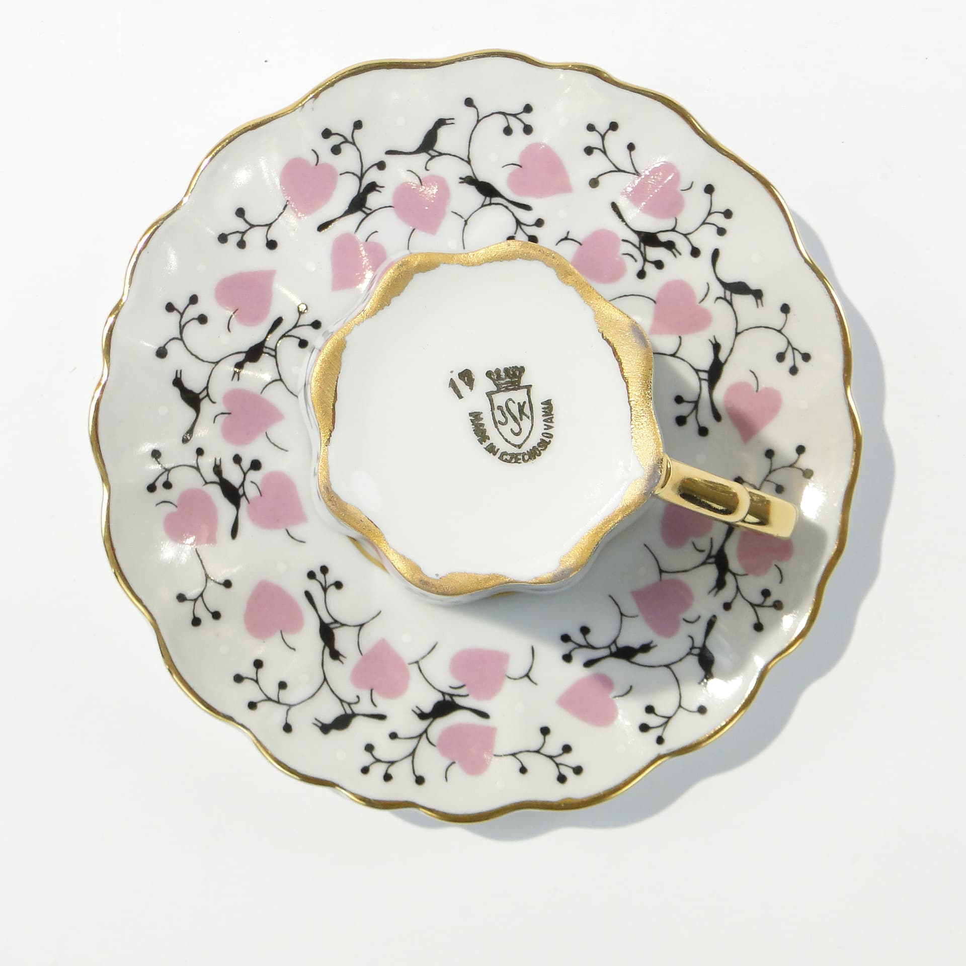 Filiżanka i spodek, biała porcelana, złocenie, Czechosłowacja, lata 50. - 345148