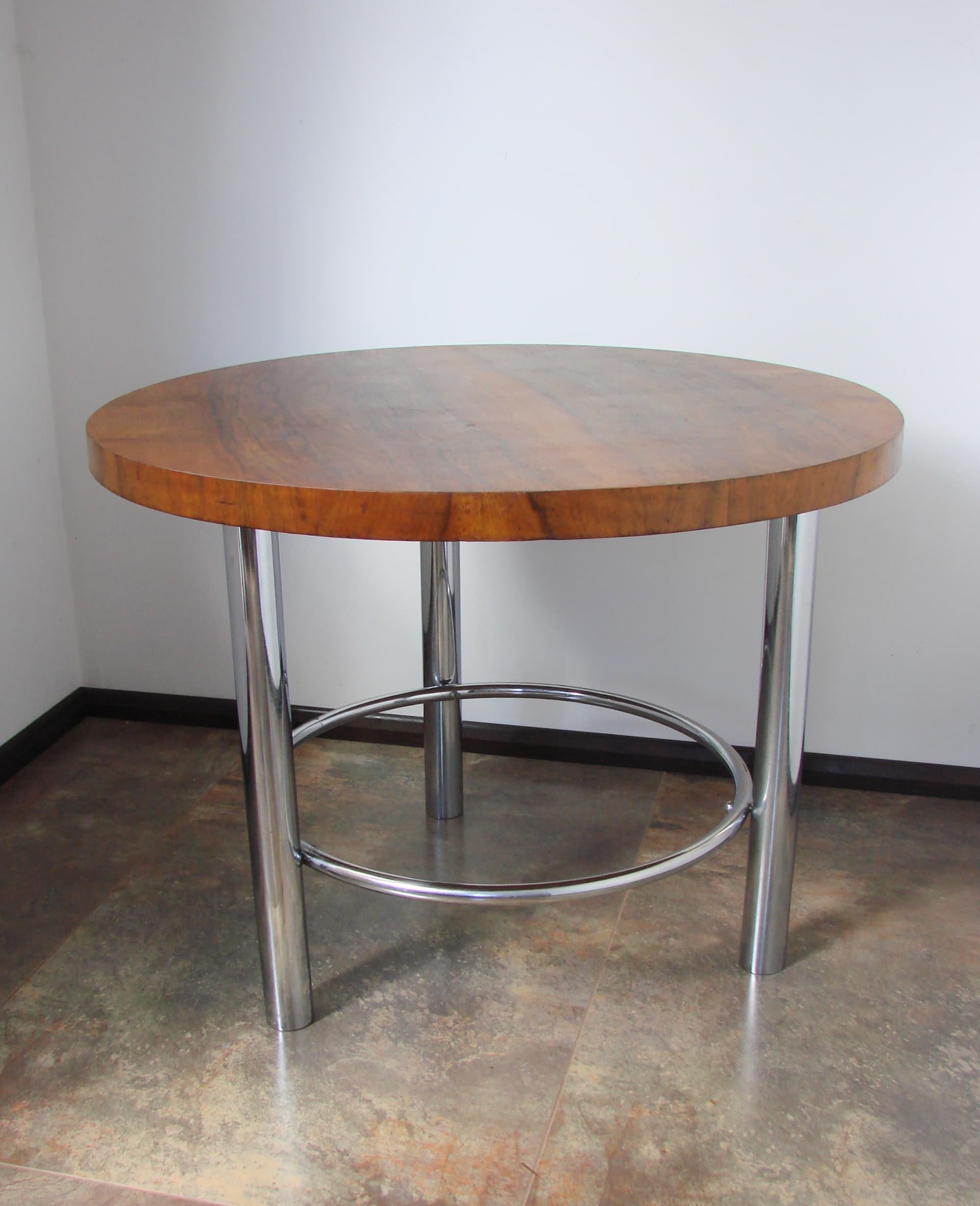 Coffee table, Bauhaus, brown wood, silver chrome, by R. Slezák, Slezak, Czechoslovakia, 1930s - 345216
