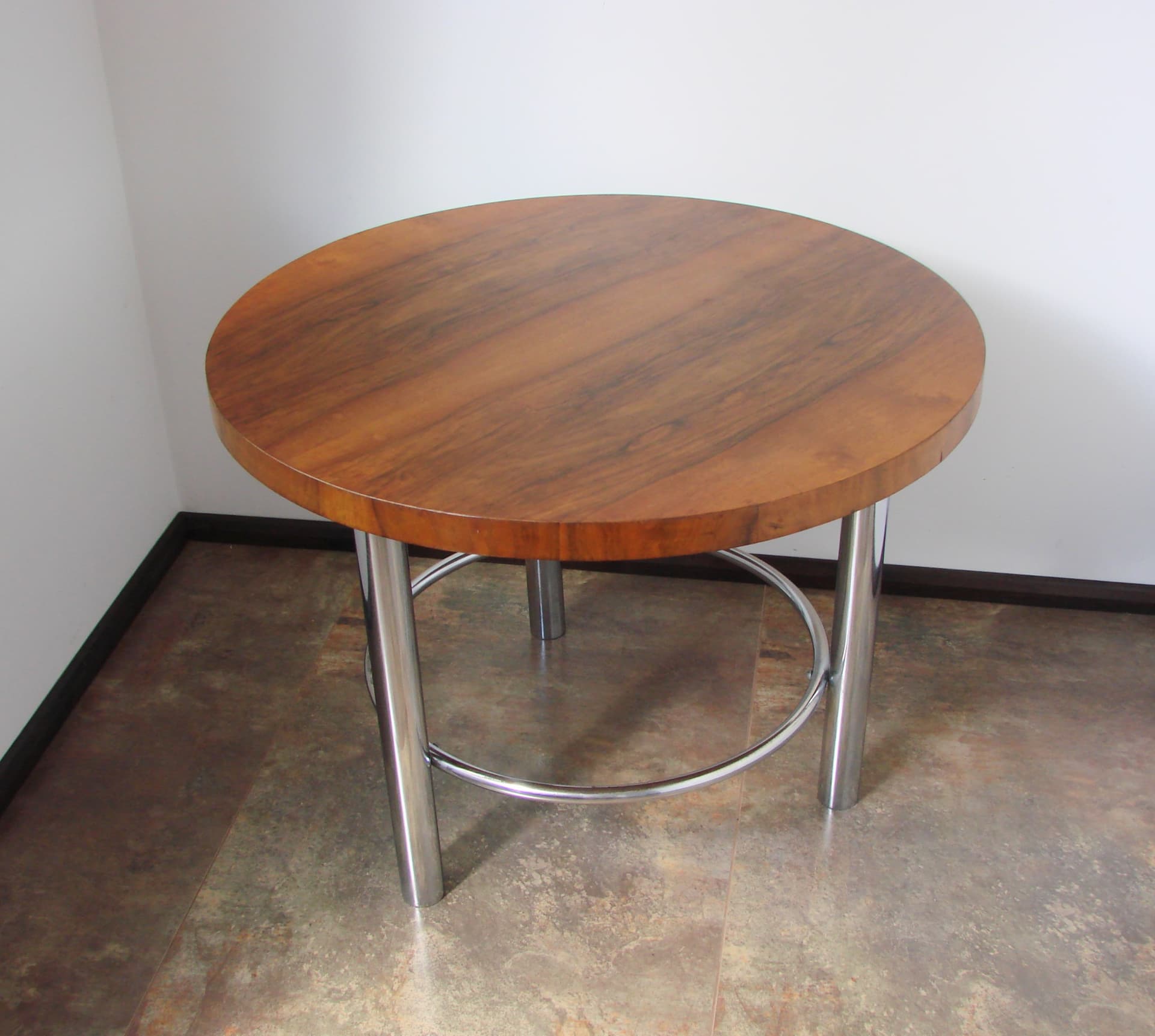Coffee table, Bauhaus, brown wood, silver chrome, by R. Slezák, Slezak, Czechoslovakia, 1930s - 345213