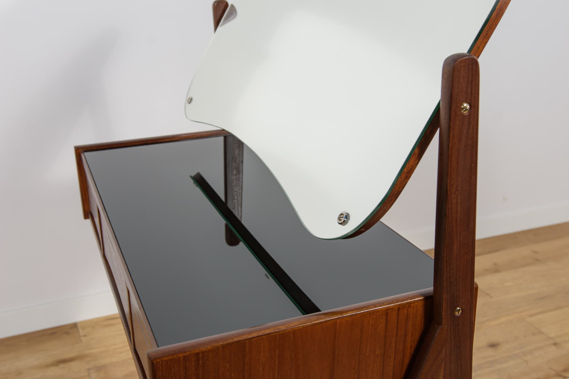 Dressing table, brown teak, black glass, by A. Vodder, Denmark, 1960s. - 345401