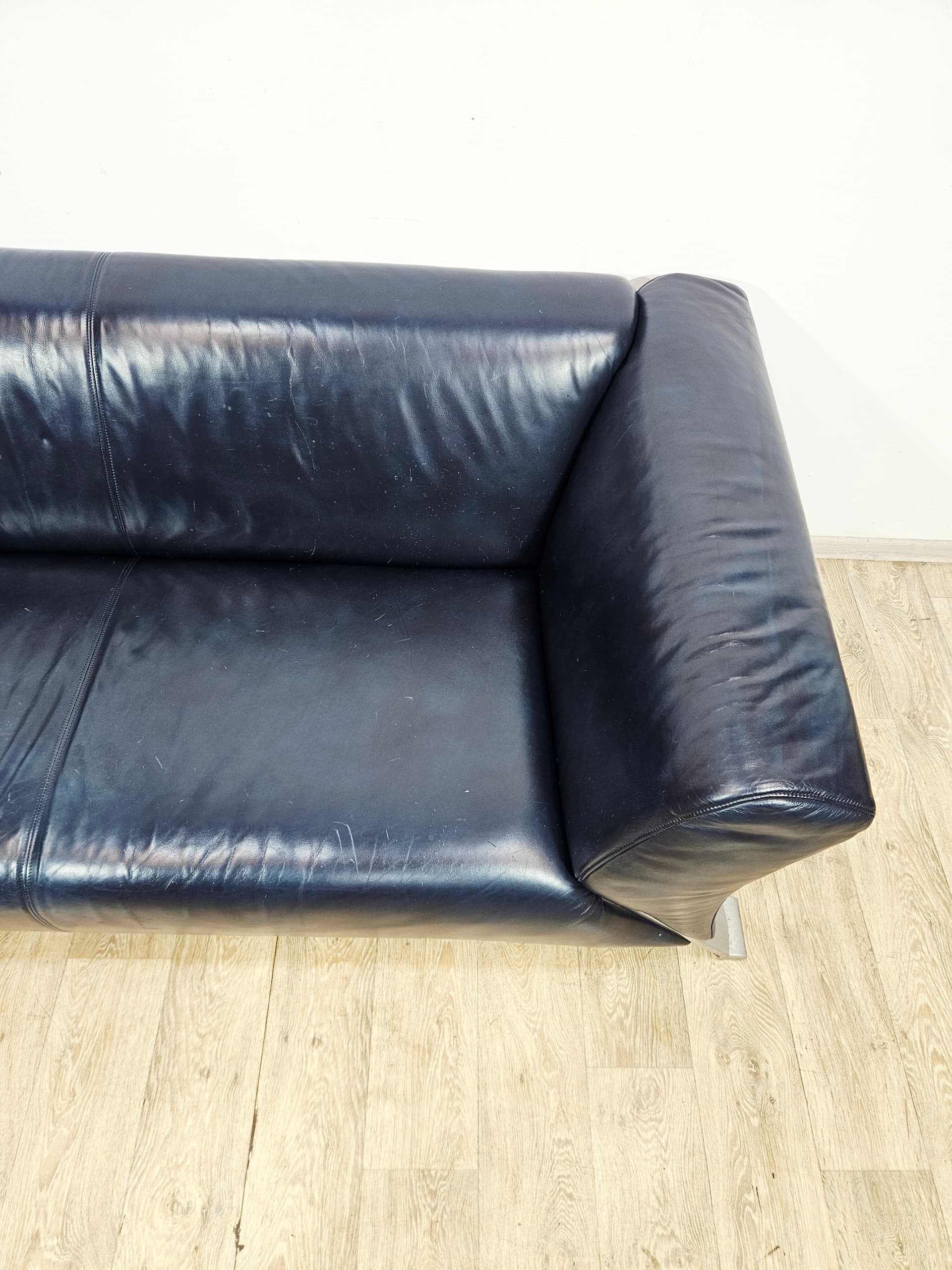 Sofa 322, leather navy, metal silver, by A. Schmidt, Rolf Benz - 345416