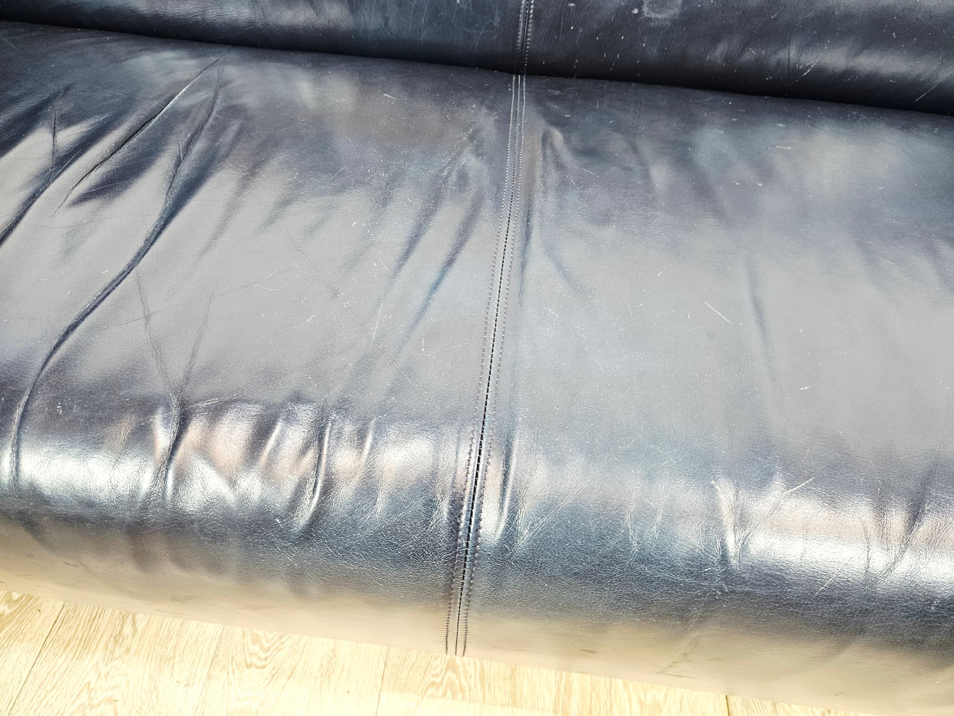 Sofa 322, leather navy, metal silver, by A. Schmidt, Rolf Benz - 345425