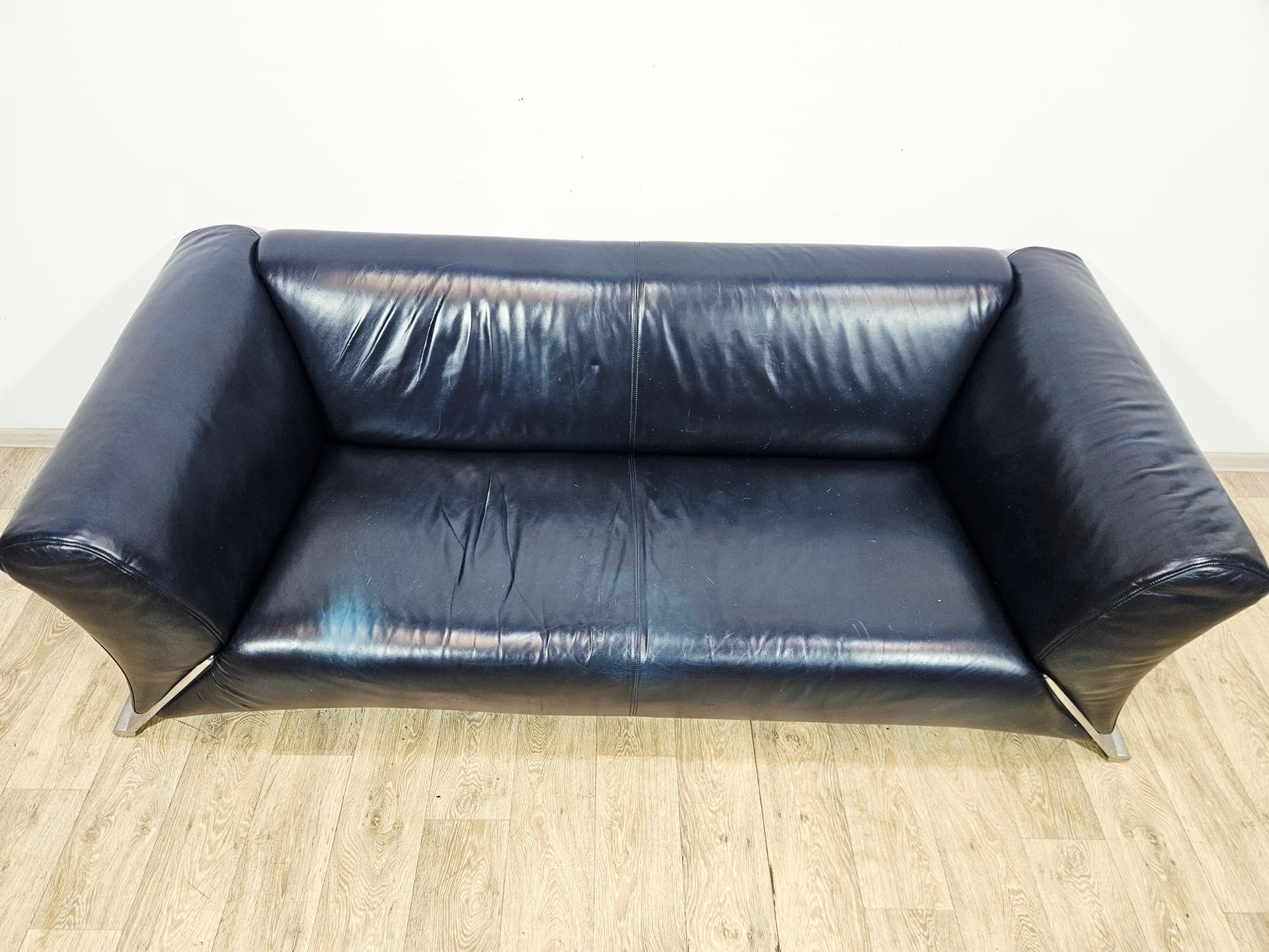Sofa 322, leather navy, metal silver, by A. Schmidt, Rolf Benz - 345417
