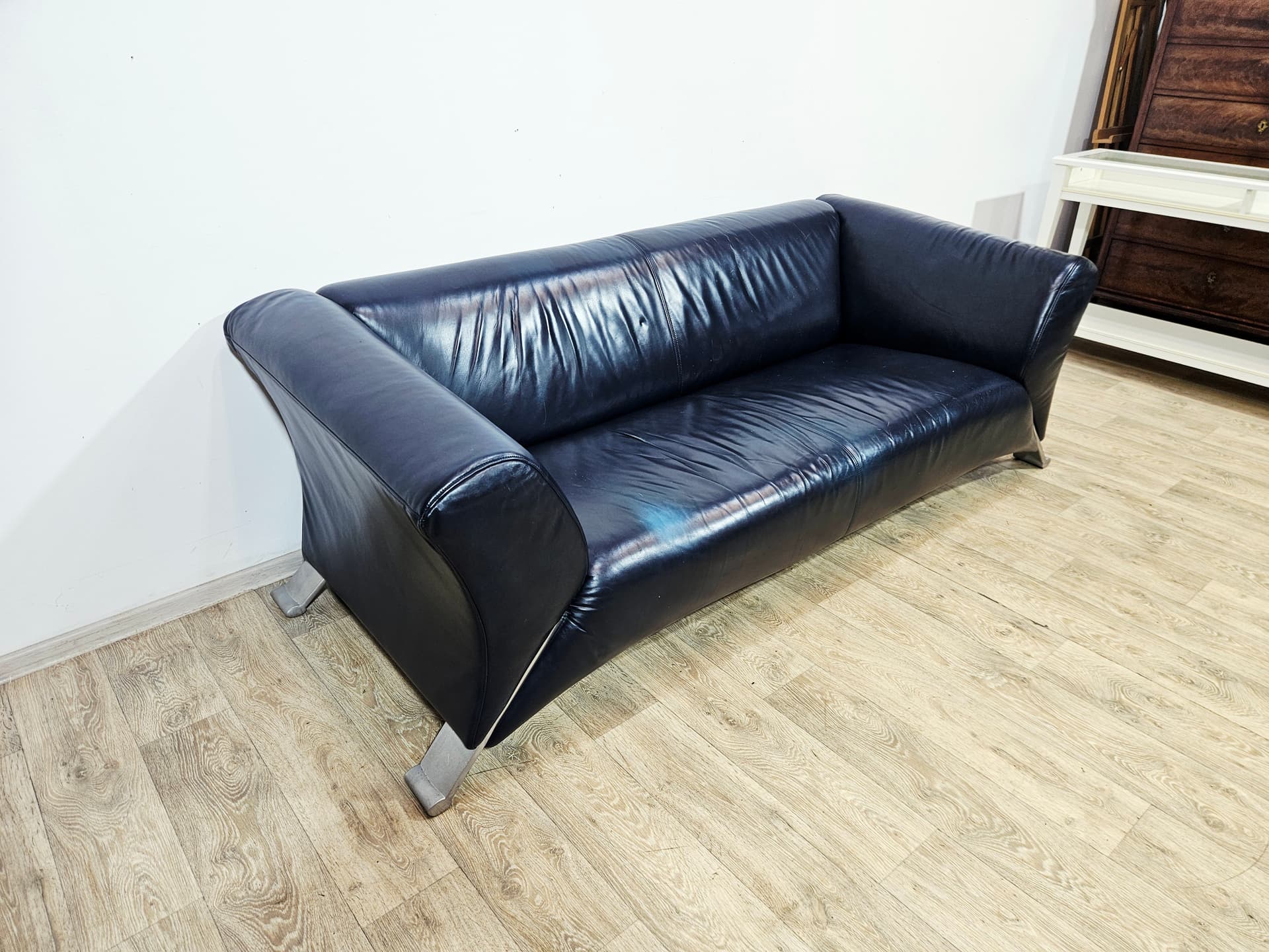 Sofa 322, leather navy, metal silver, by A. Schmidt, Rolf Benz - 345426