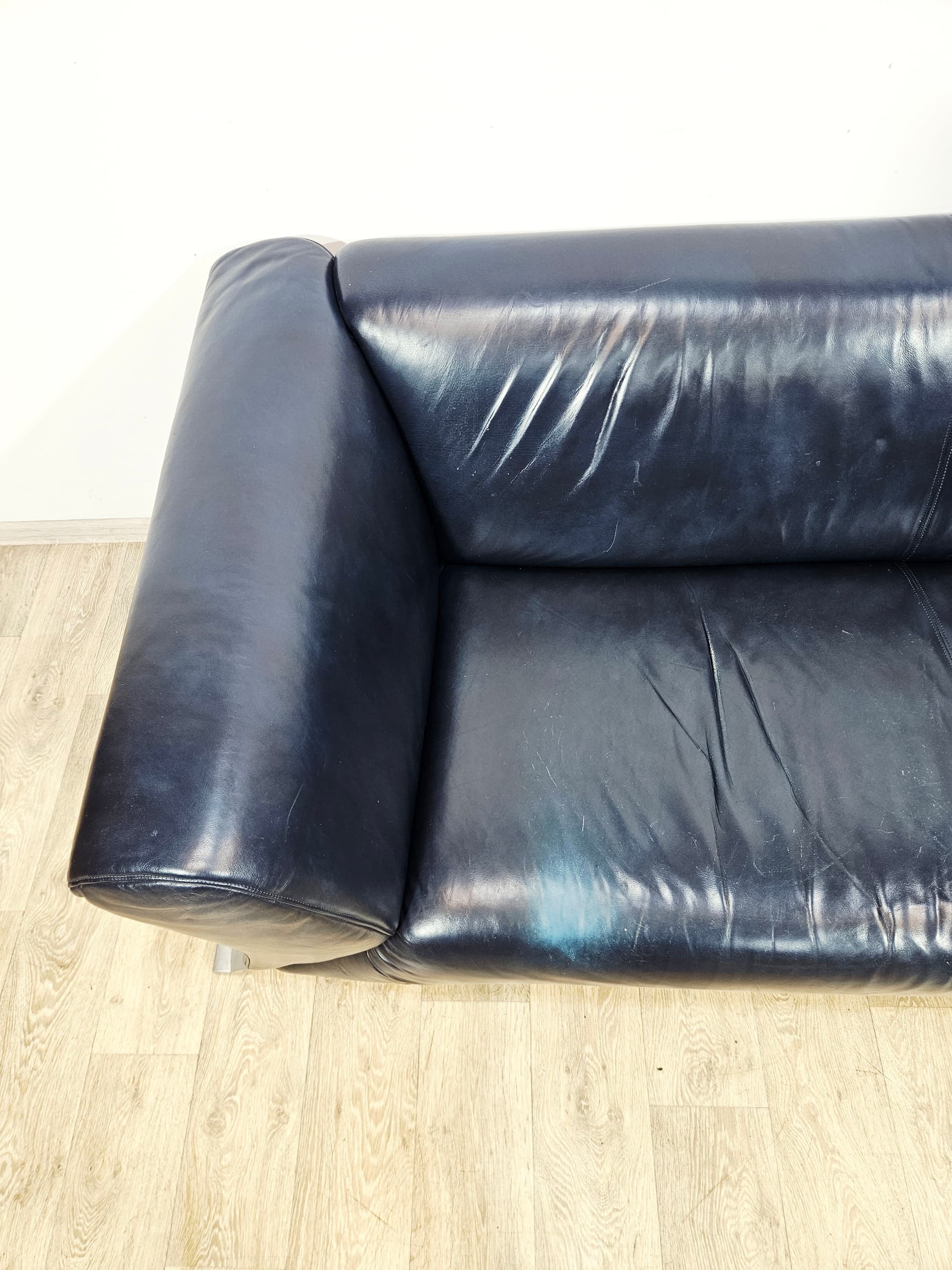 Sofa 322, leather navy, metal silver, by A. Schmidt, Rolf Benz - 345415