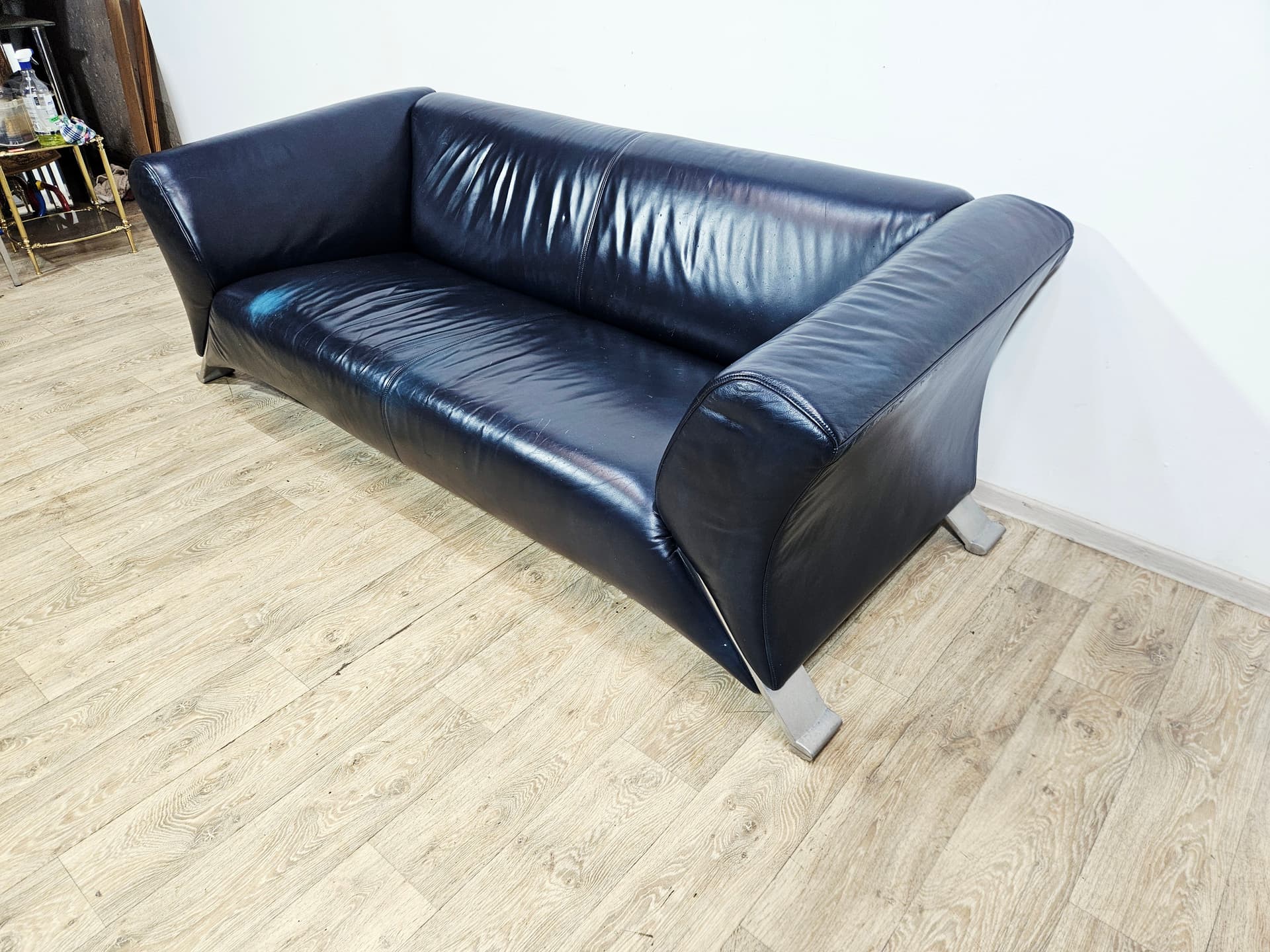 Sofa 322, leather navy, metal silver, by A. Schmidt, Rolf Benz - 345427