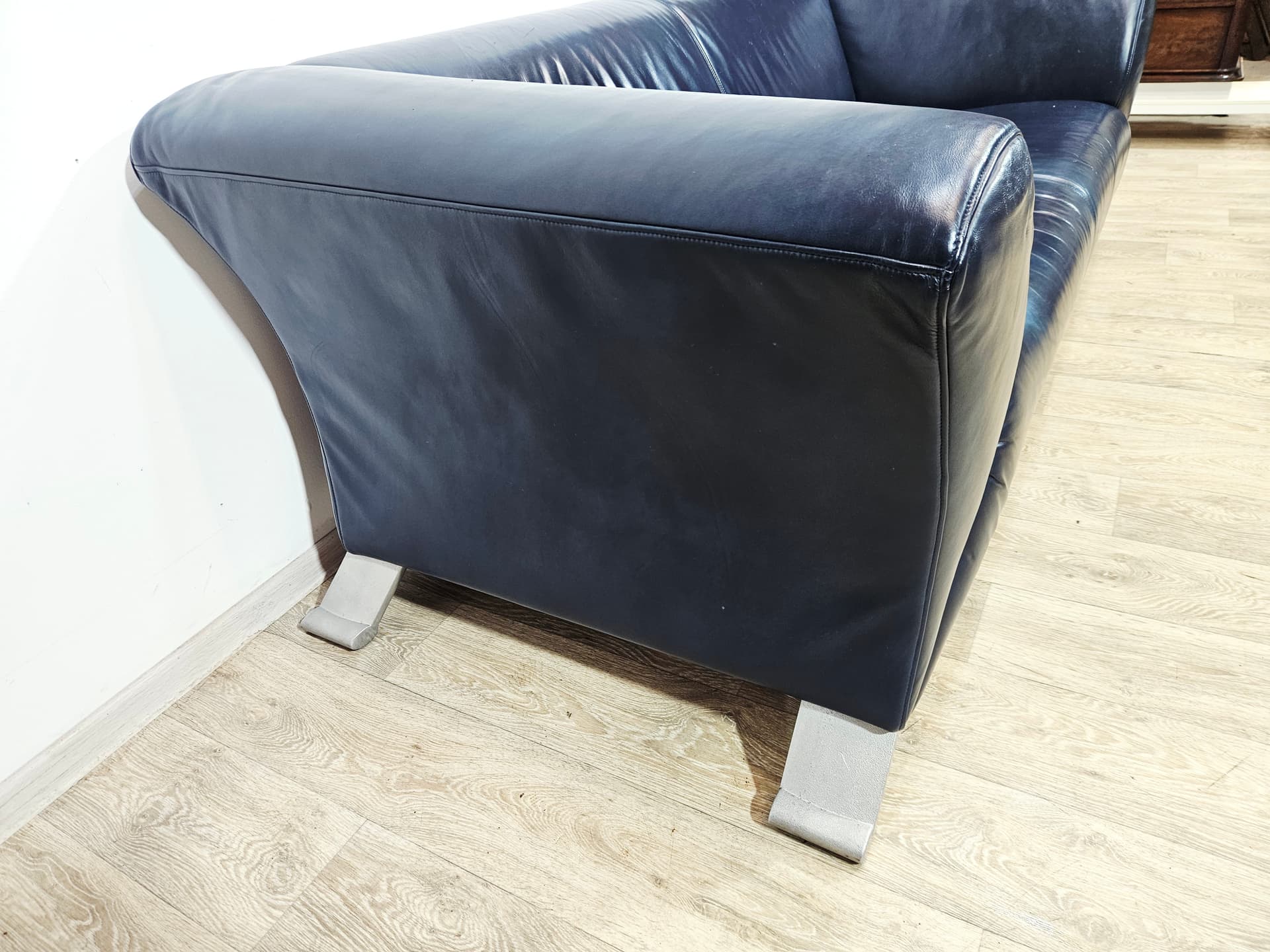 Sofa 322, leather navy, metal silver, by A. Schmidt, Rolf Benz - 345418