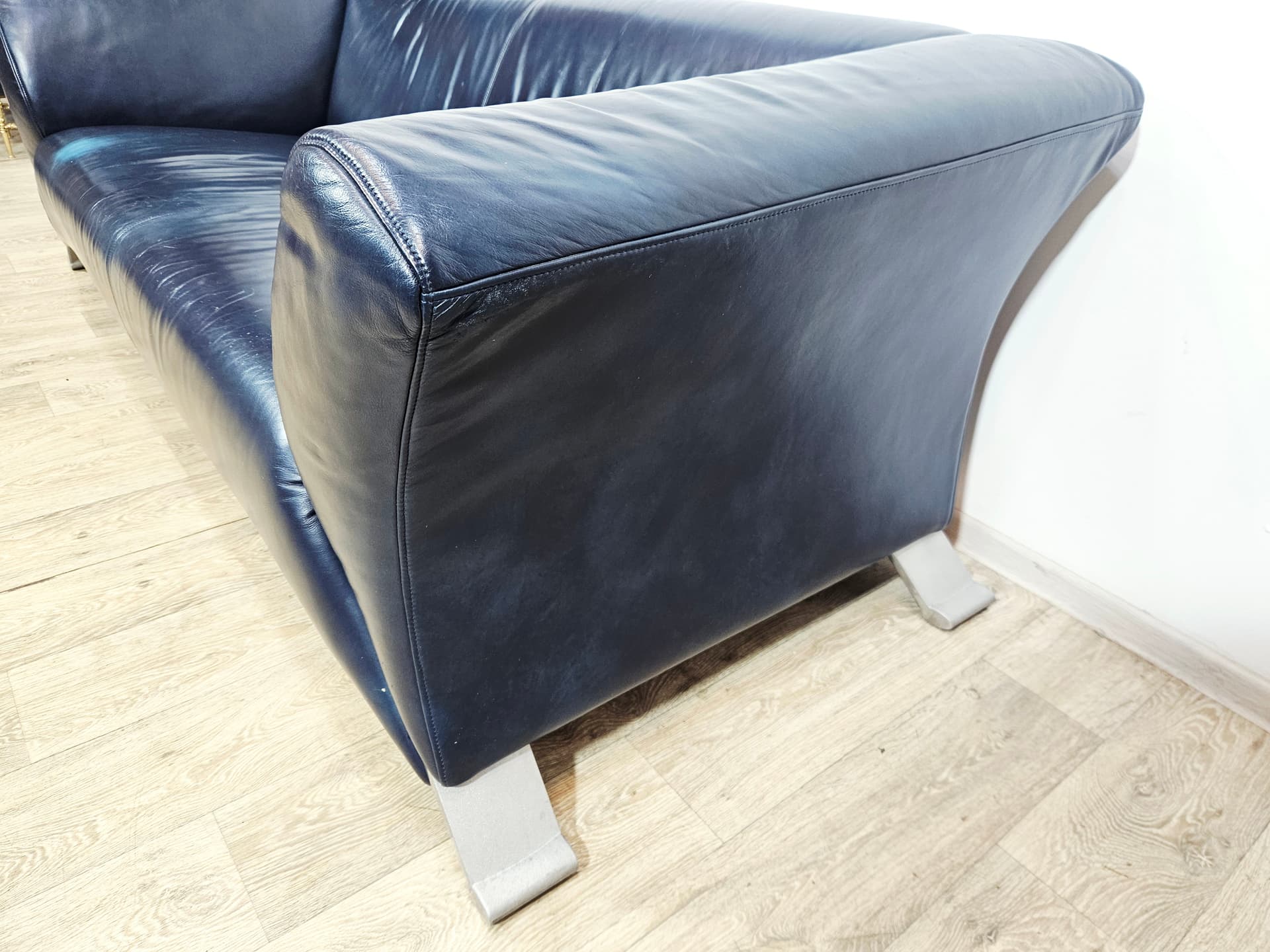 Sofa 322, leather navy, metal silver, by A. Schmidt, Rolf Benz - 345414