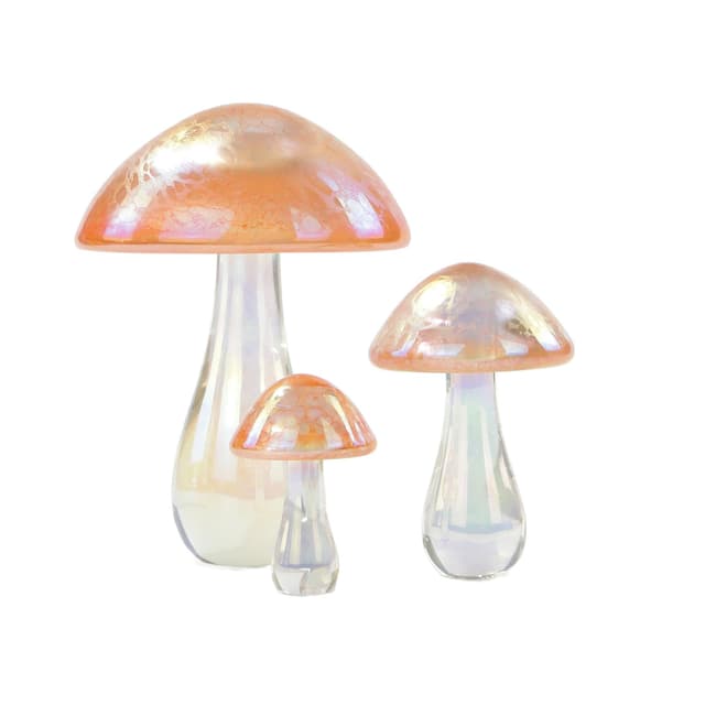 Komplet rzeźb grzybów Leśna Iryzacja, szkło pomarańczowo-złote iryzujące, Heron Glass, Wielka Brytania, XXI w. - WYMIARY