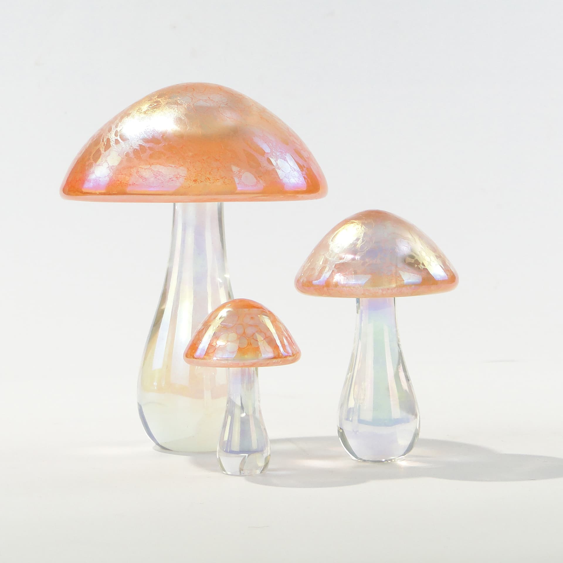 Komplet rzeźb grzybów Leśna Iryzacja, szkło pomarańczowo-złote iryzujące, Heron Glass, Wielka Brytania, XXI w. - 345465