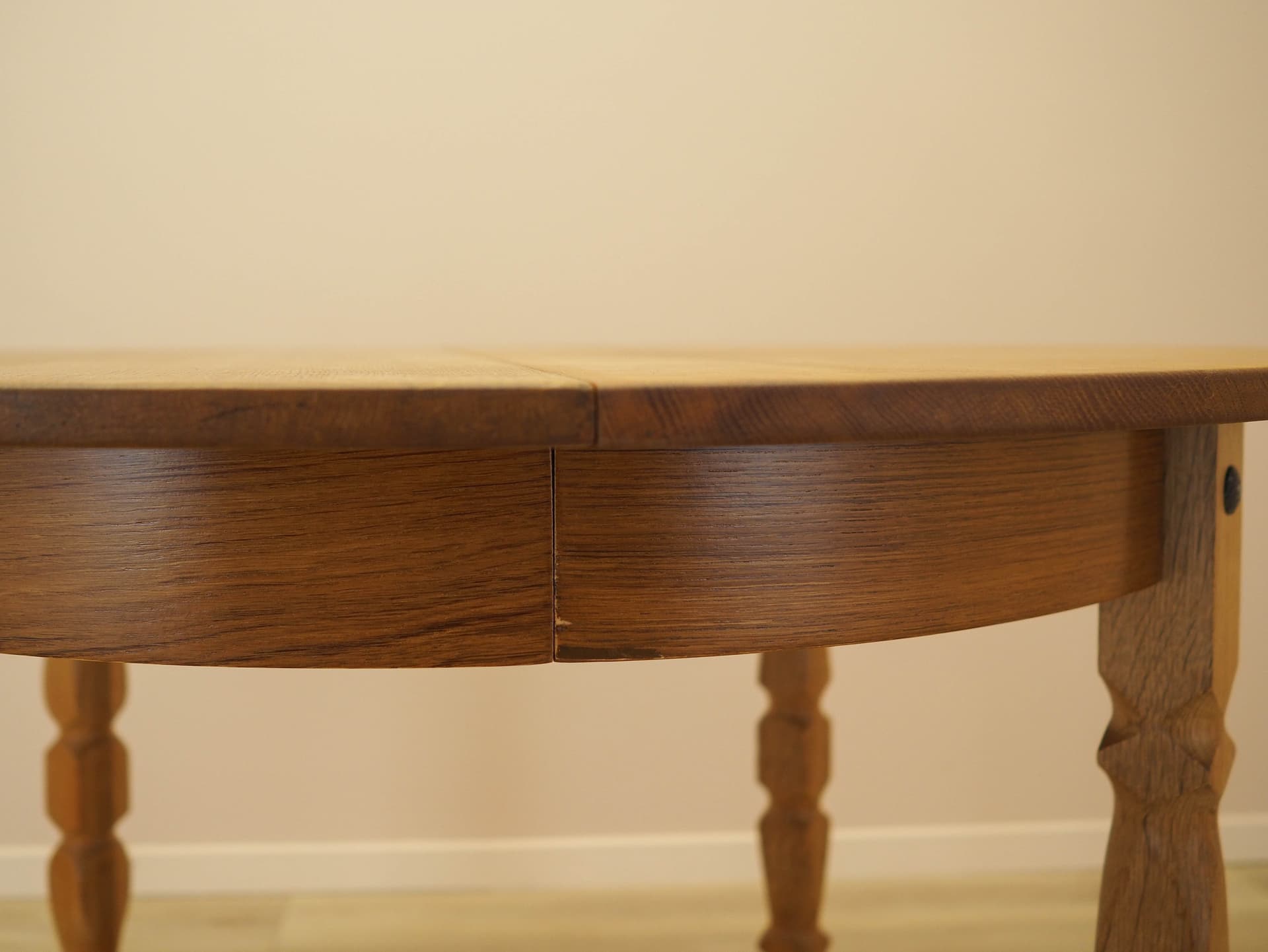 Round dining table, brown oak, by H. Kjærnulf, Denmark, 1960s. - 345479