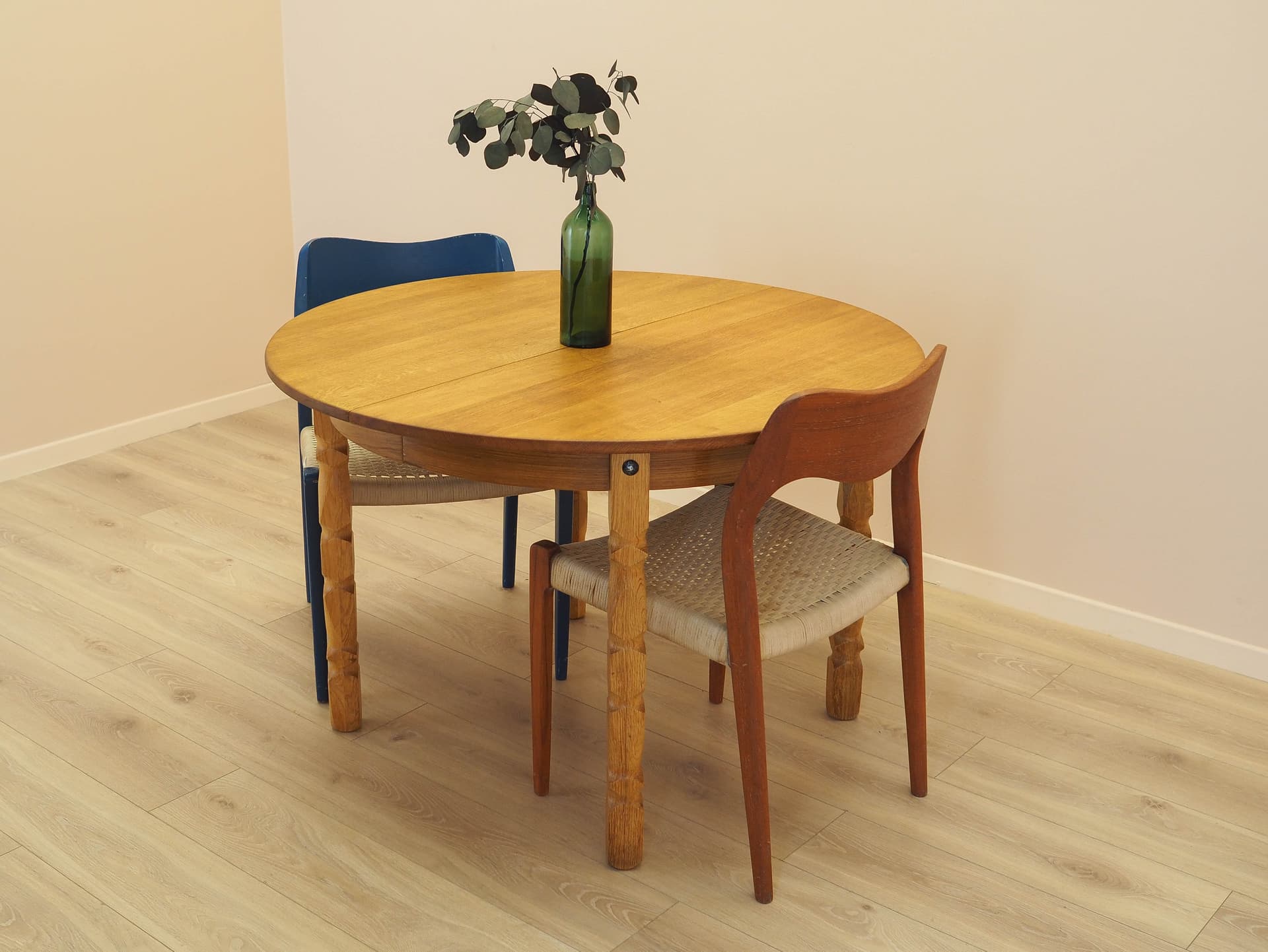 Round dining table, brown oak, by H. Kjærnulf, Denmark, 1960s. - 345476