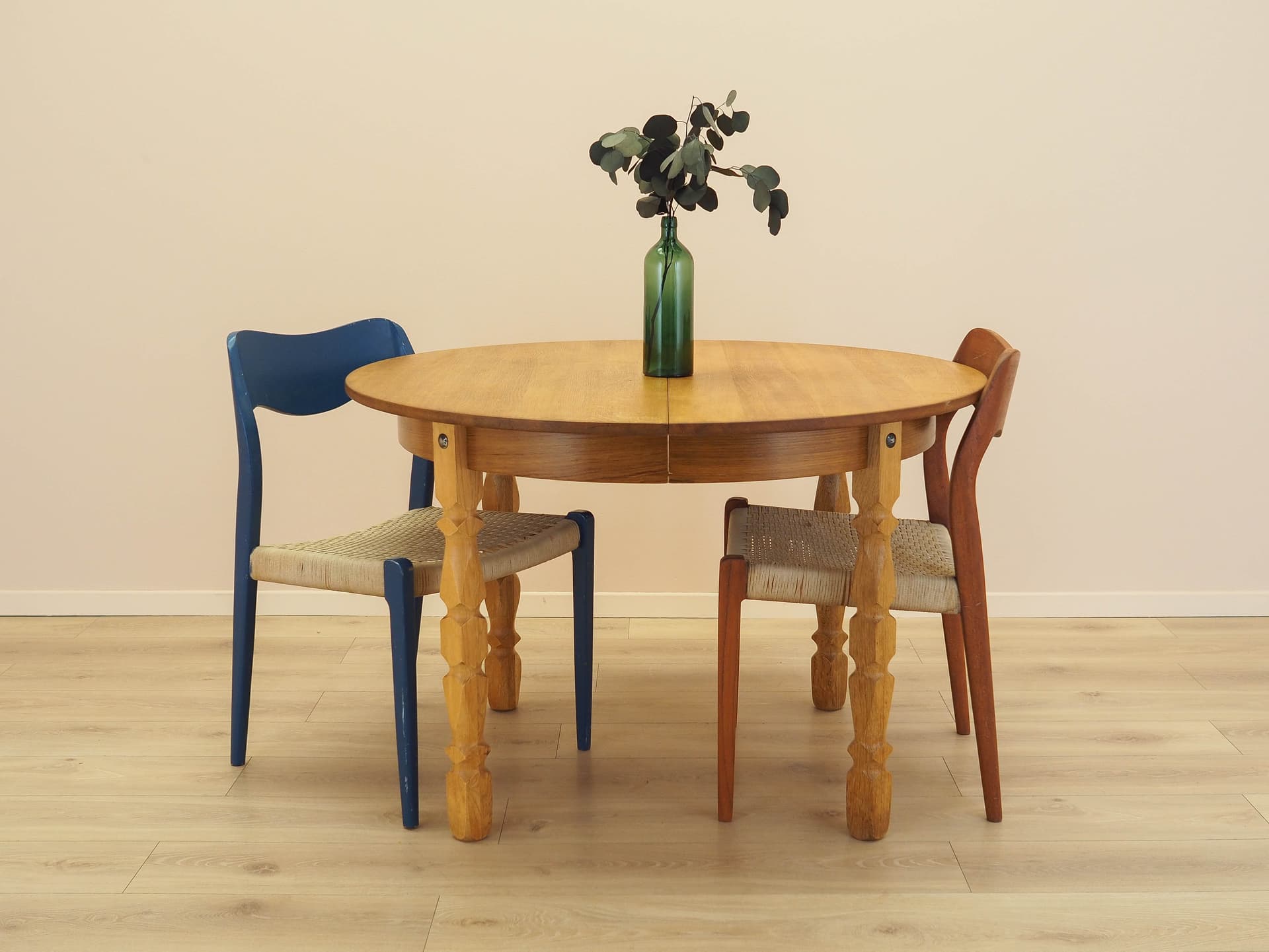 Round dining table, brown oak, by H. Kjærnulf, Denmark, 1960s. - 345475