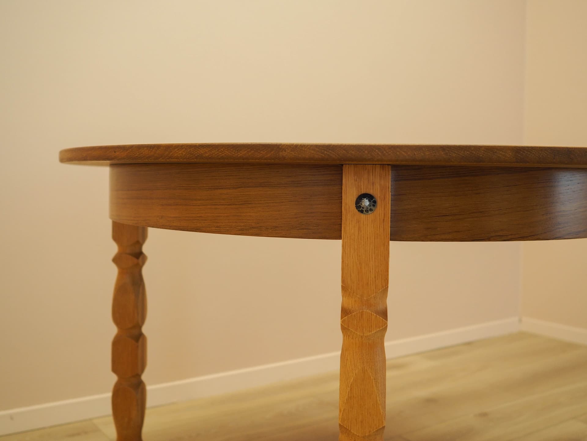 Round dining table, brown oak, by H. Kjærnulf, Denmark, 1960s. - 345481