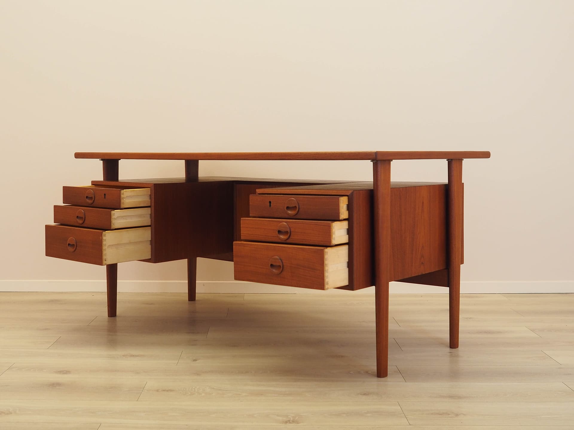 Desk, brown teak, by K. Kristiansen, Denmark, 1970s. - 345492