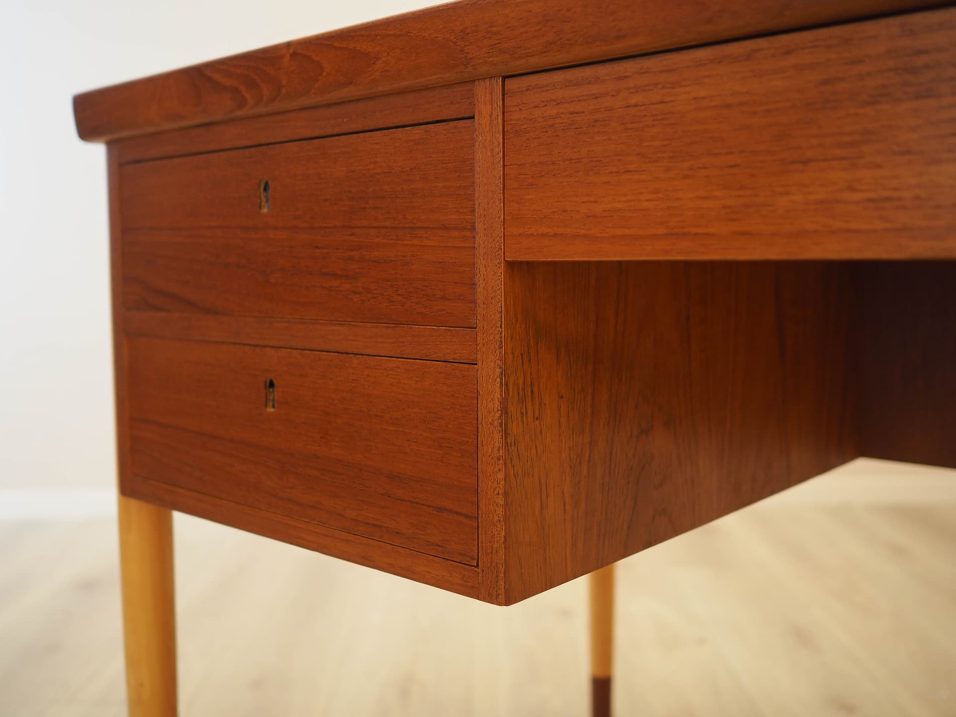 Desk, brown teak, beige beech, Denmark, 1970s. - 345529
