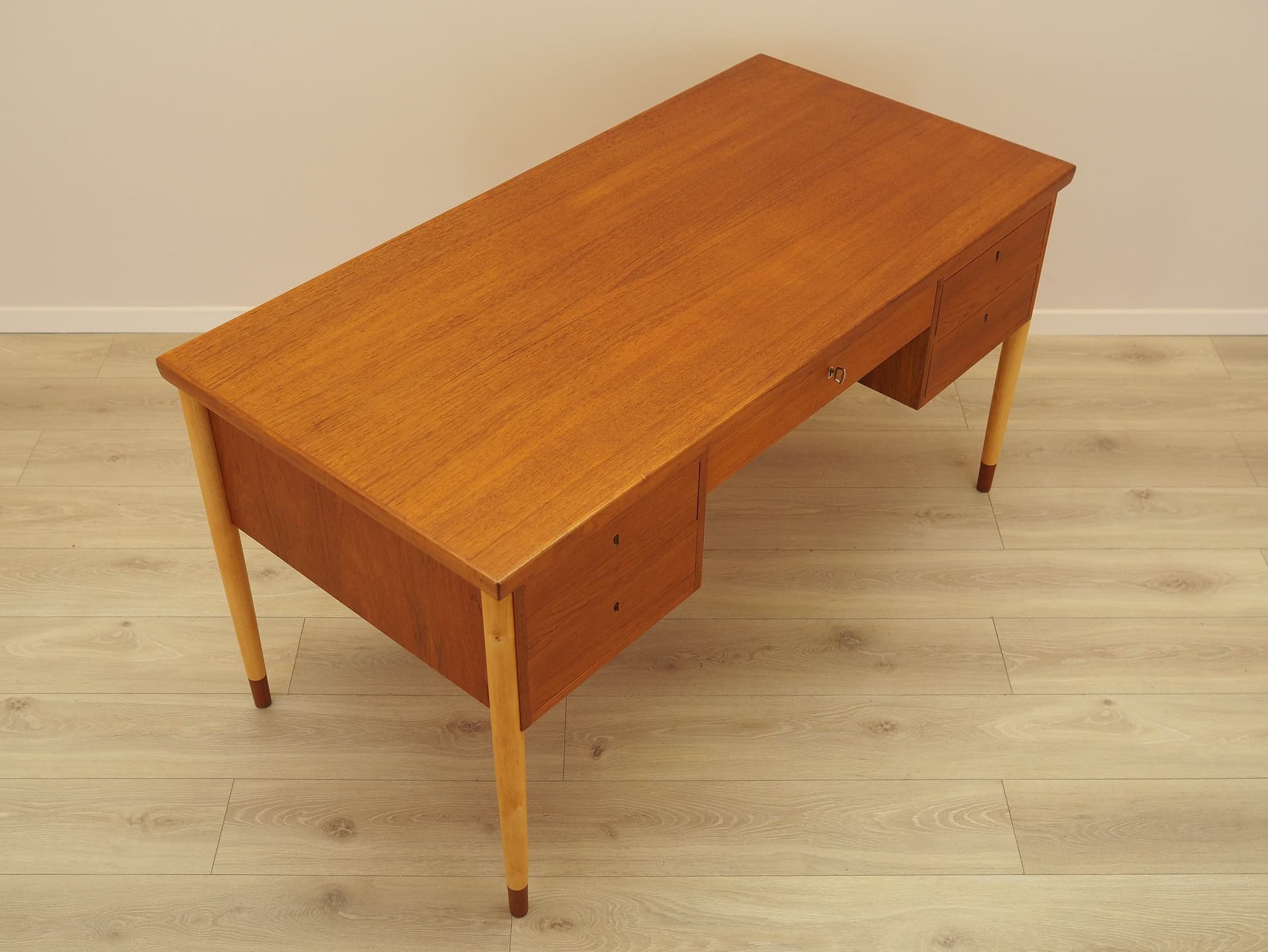 Desk, brown teak, beige beech, Denmark, 1970s. - 345525