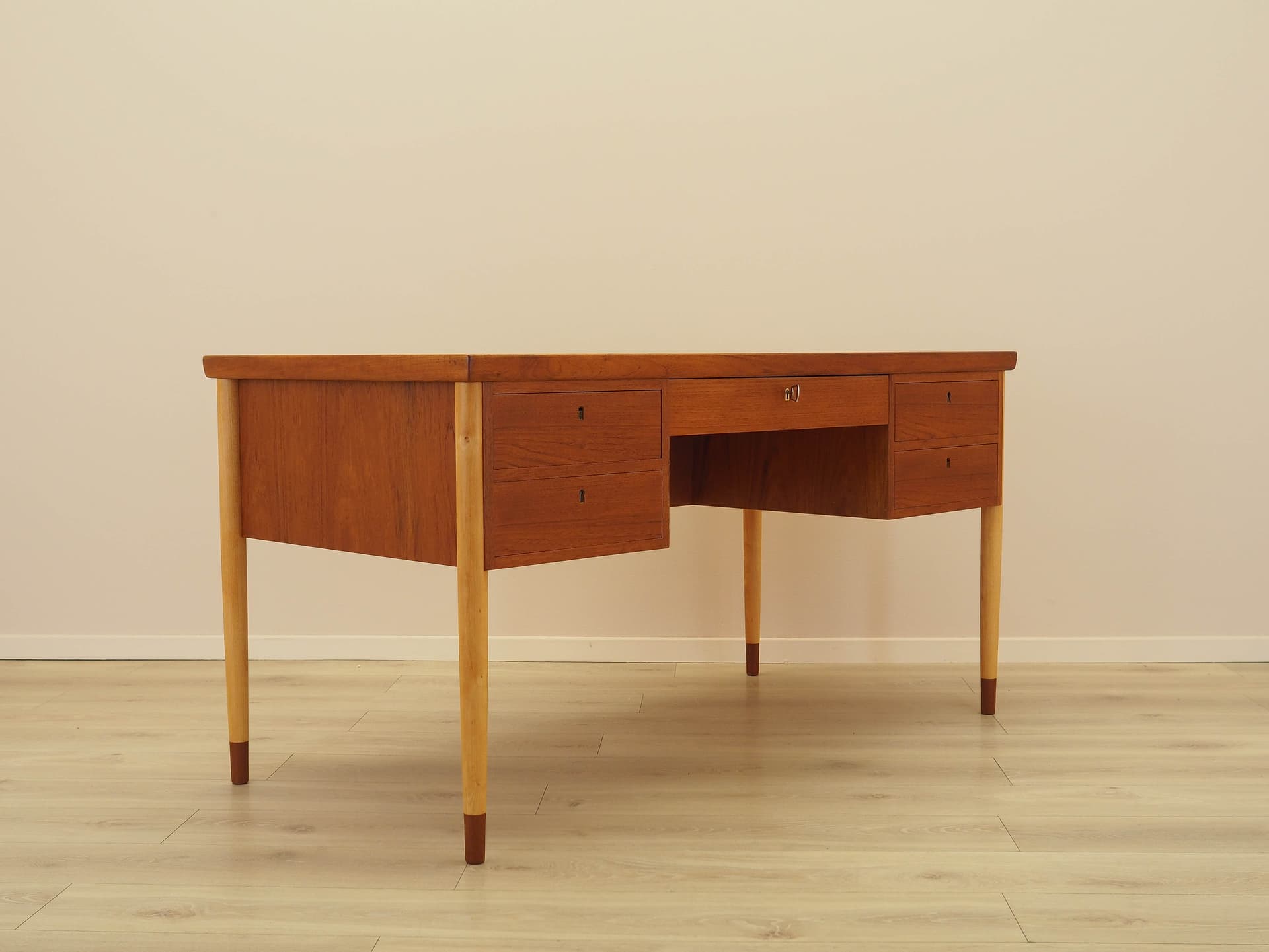 Desk, brown teak, beige beech, Denmark, 1970s. - 345524